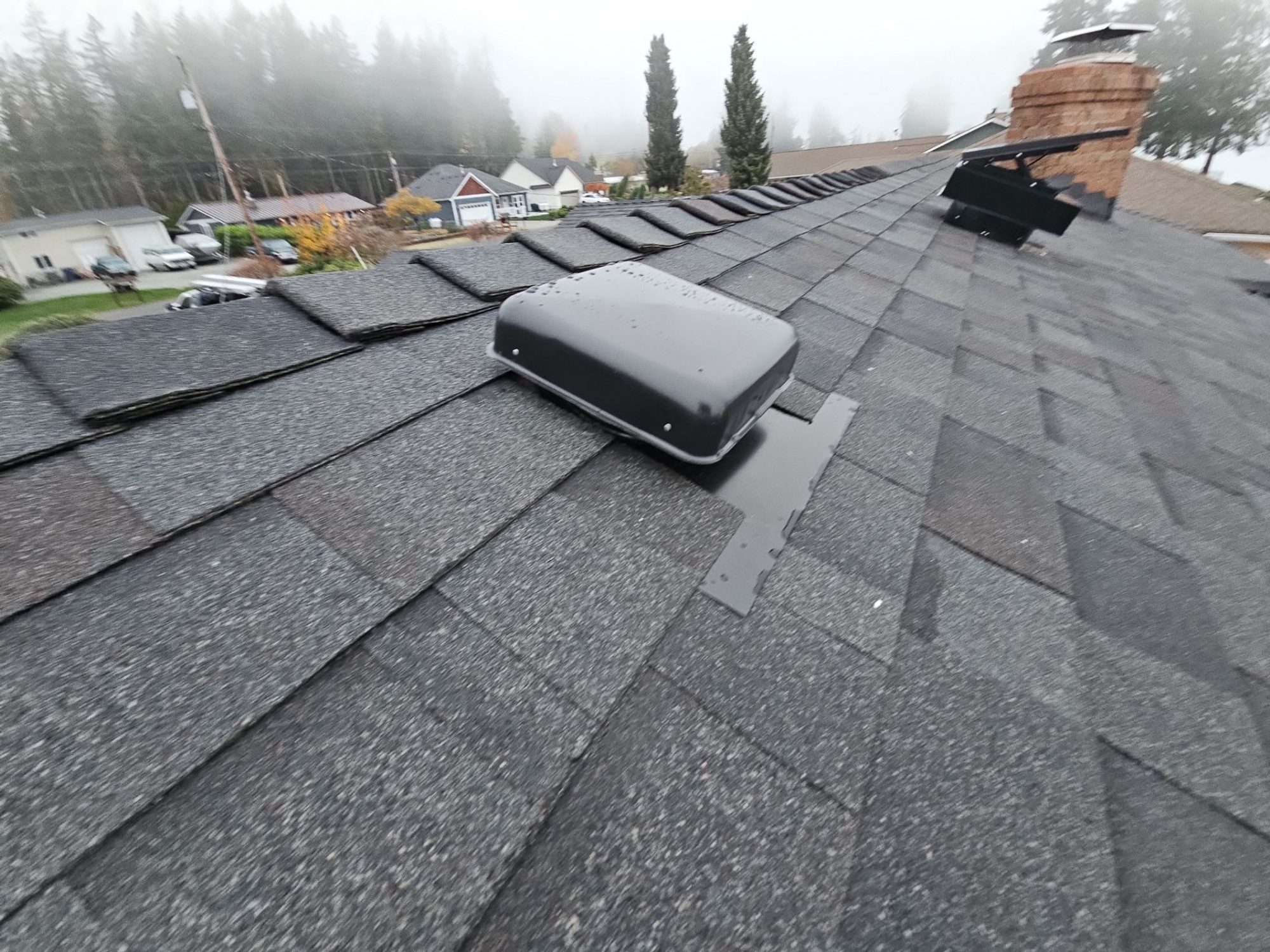 Amor Roofing Black Oak asphalt roof in Camano Island, box vent ridge line
