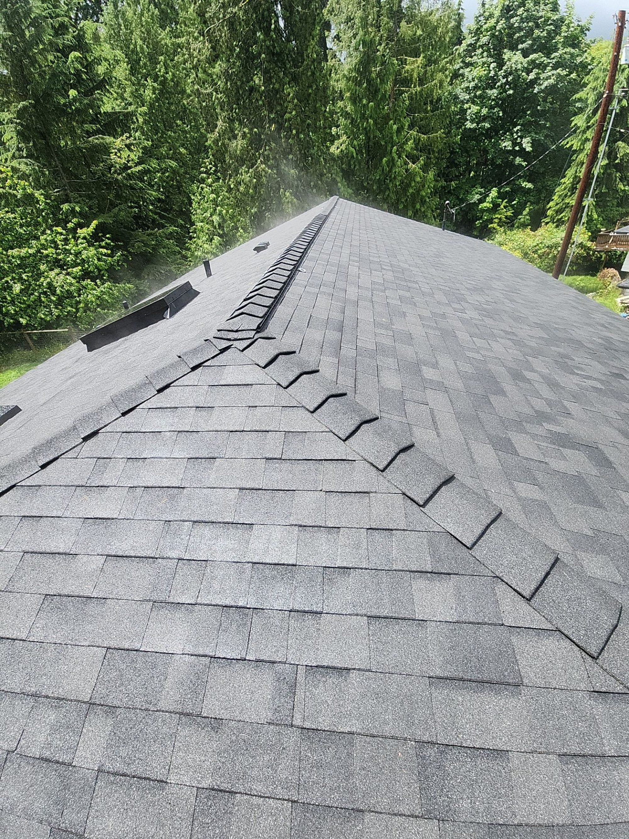 Finished Malarkey Legacy Midnight Black asphalt shingle roof with ridge vent and skylights, Lake Stevens, WA