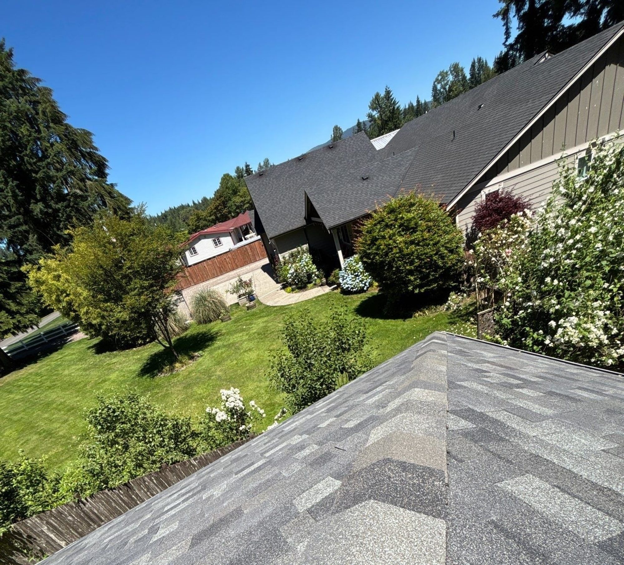 Finished Malarkey Storm Grey asphalt shingle roof looking out over the neighborhood, Lake Stevens, WA