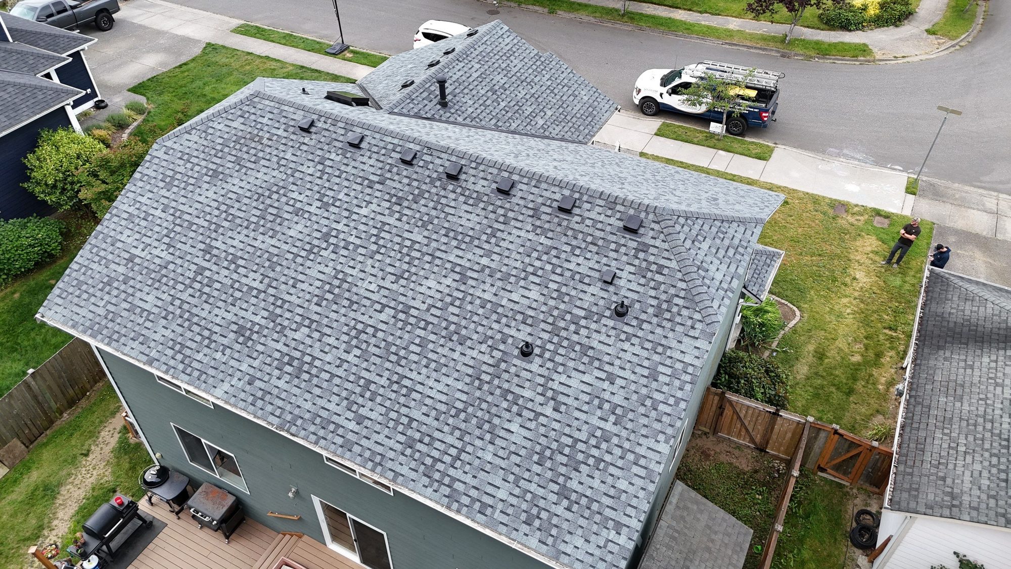 Amor Roofing Pewter Gray asphalt roof in Marysville, aerial finished roof