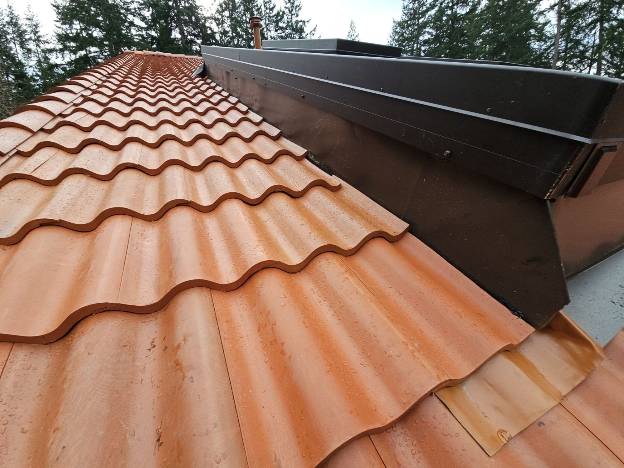 Tile-edge detail of Antique Clay Brava composite Spanish barrel tile against the dark metal trim, Camano Island, WA