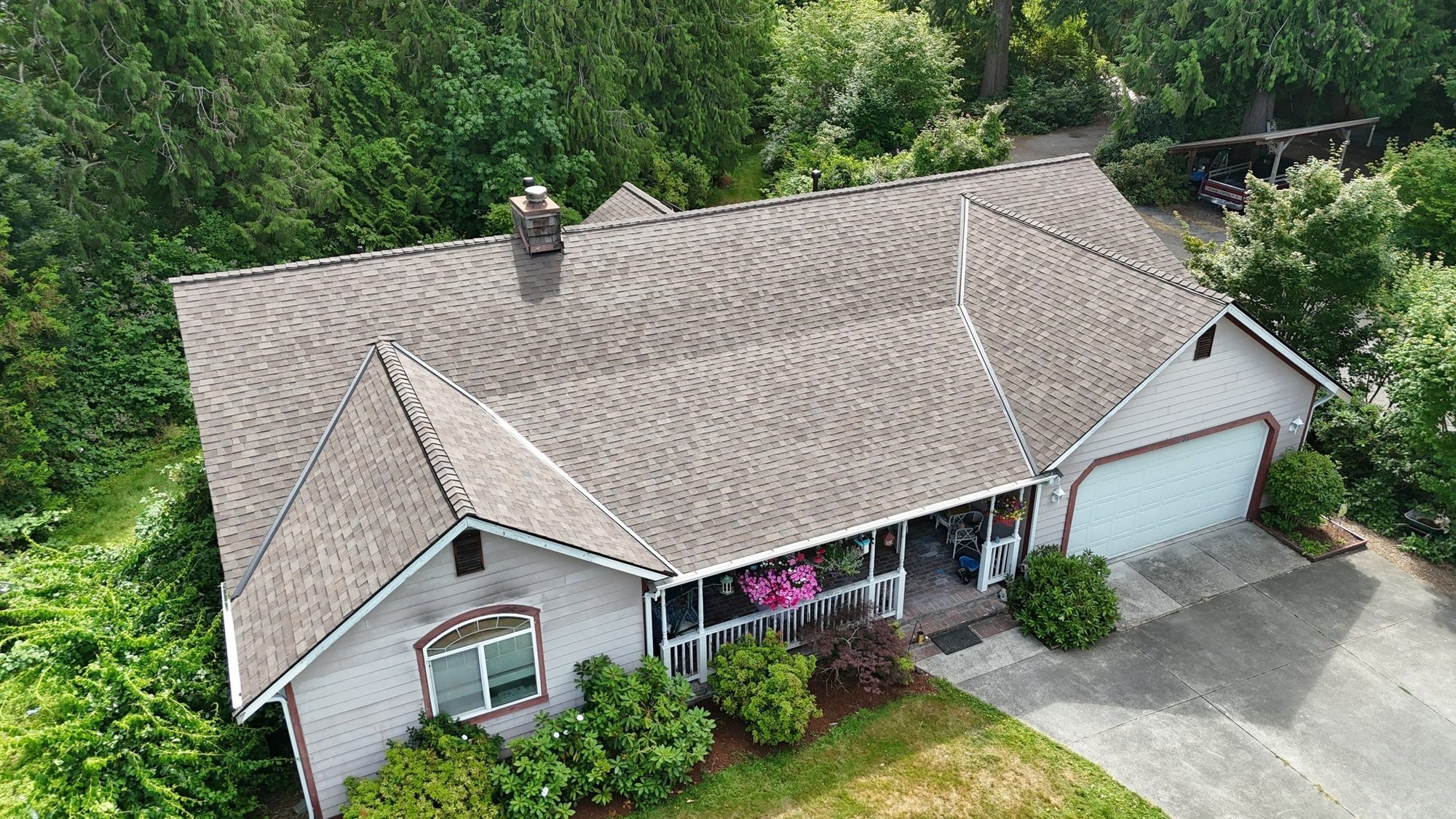 Aerial of the Malarkey Heather Grey asphalt shingle roof from the side, showing the full ridge and gables, Lake Stevens, WA
