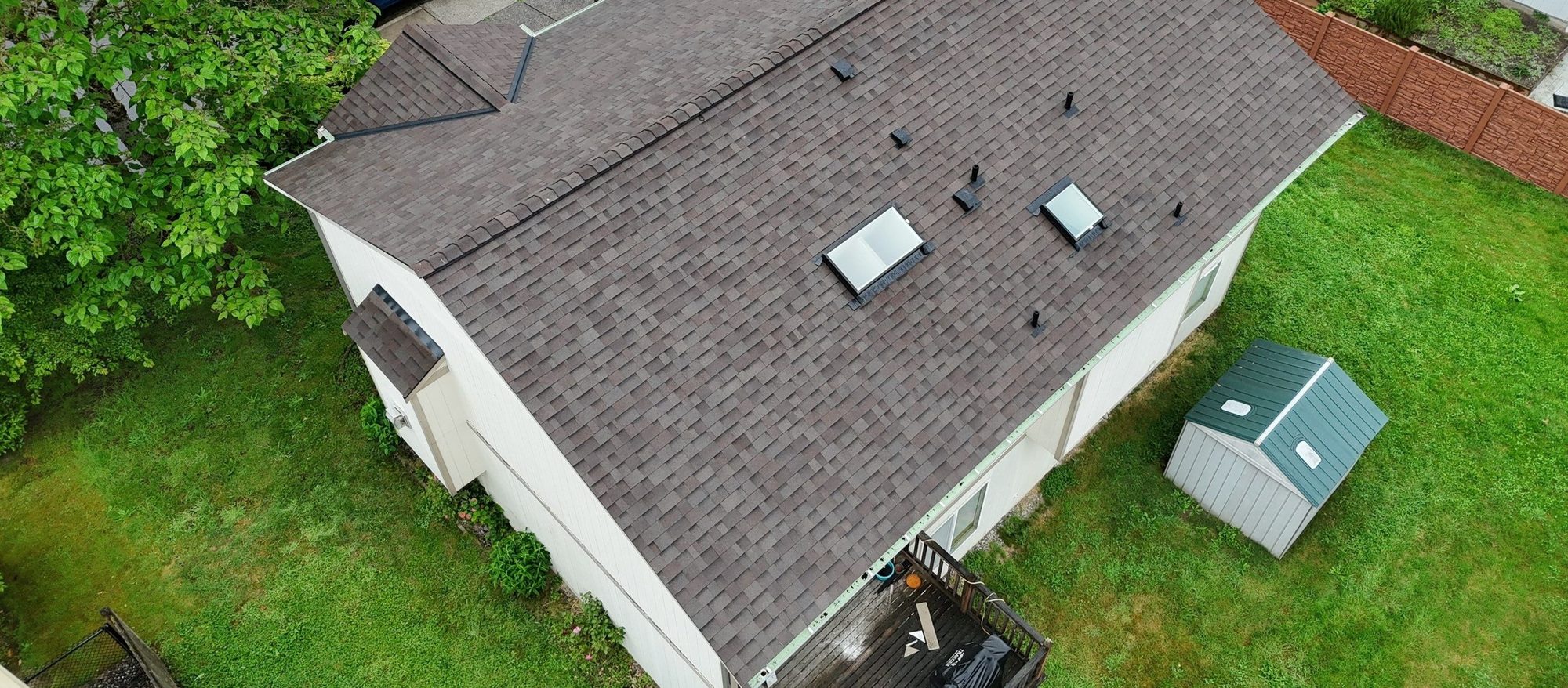 Drone view of the finished Malarkey Vista Heather asphalt shingle roof, Snohomish, WA, by Amor Roofing