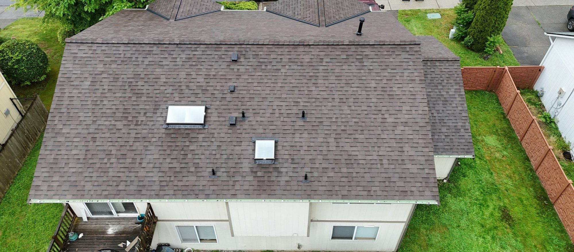 Drone view of the finished Malarkey Vista Heather asphalt shingle roof, Snohomish, WA, by Amor Roofing