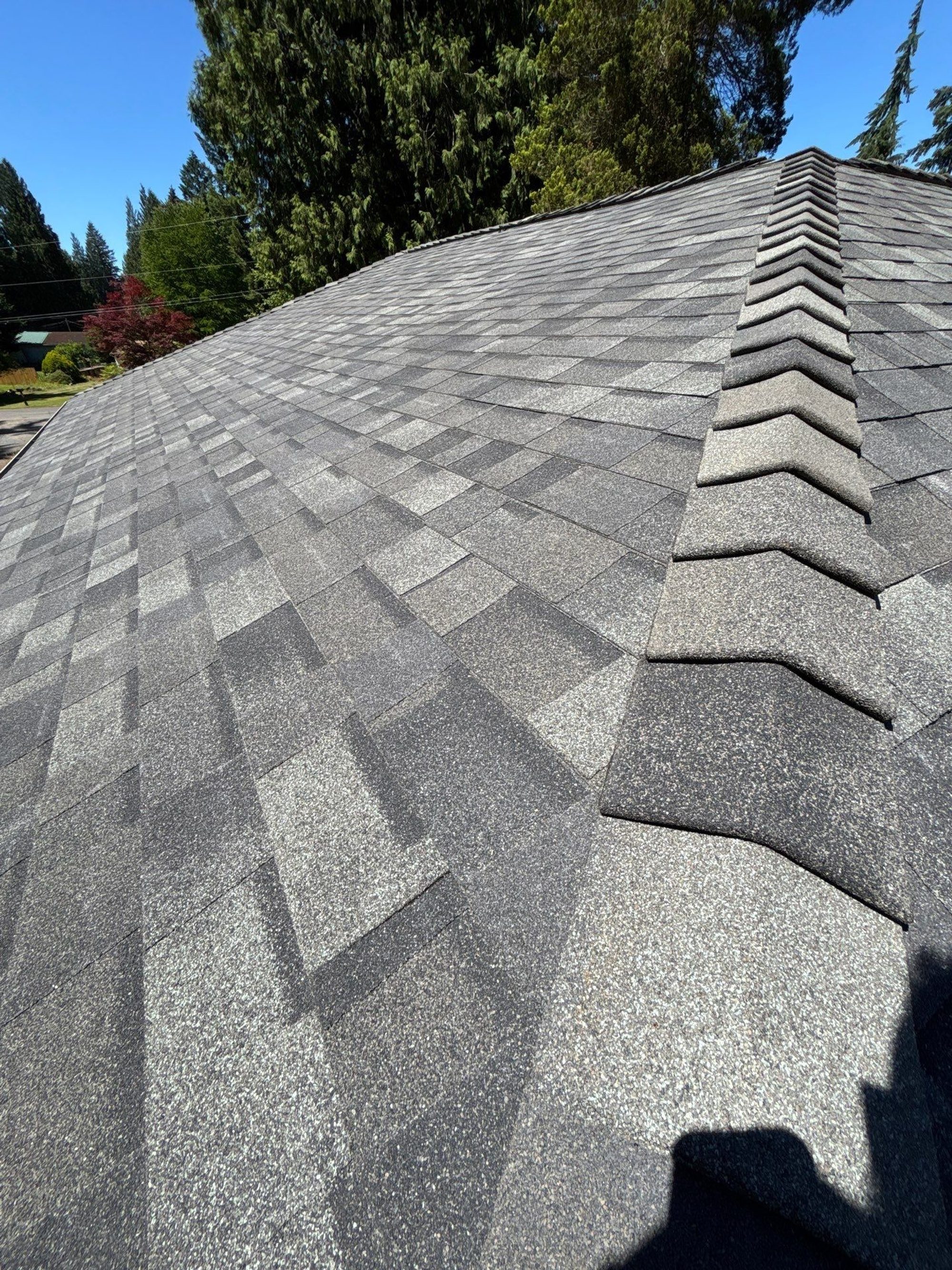 Shingle field of the Malarkey Storm Grey asphalt shingle roof with ridge caps along the hip, Lake Stevens, WA