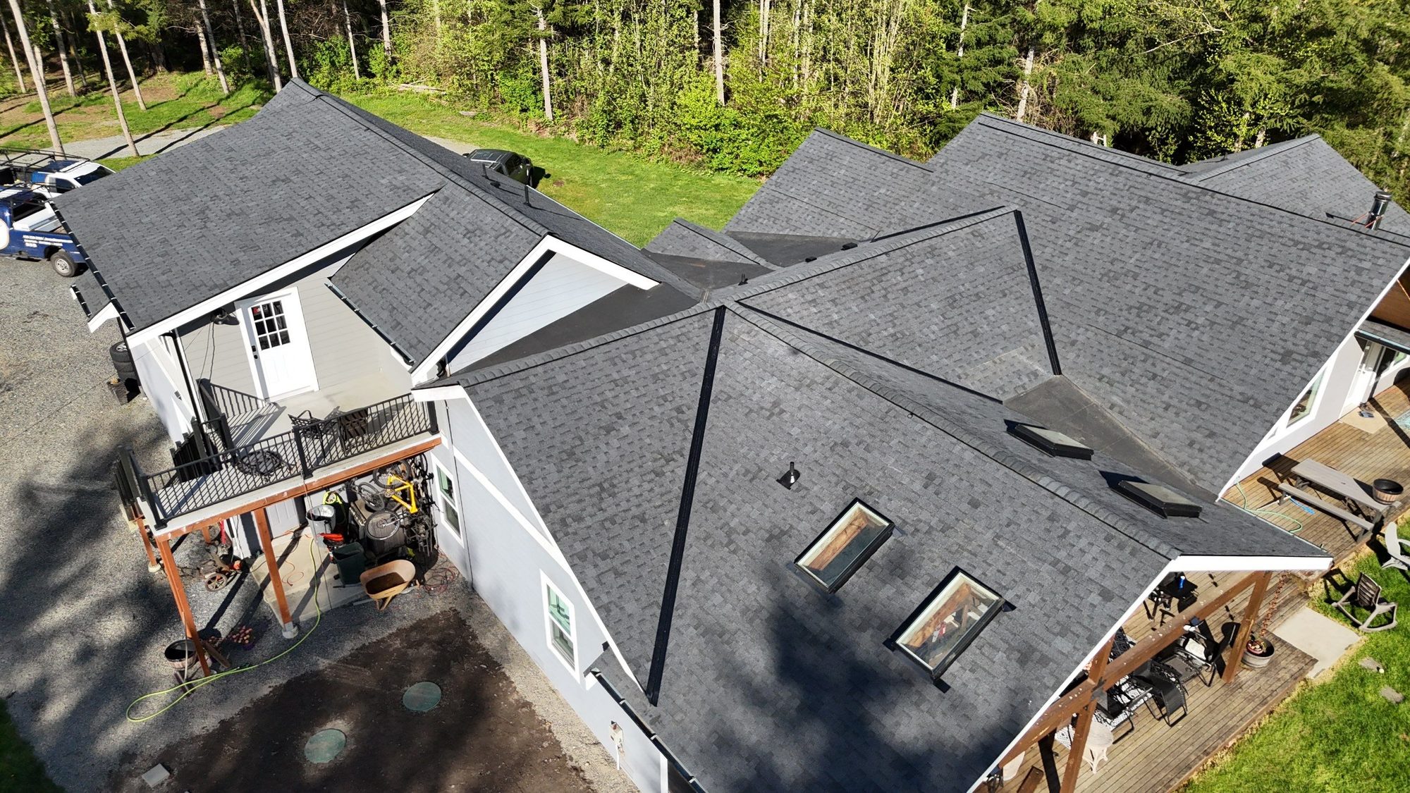 Aerial view of the rear roof and skylights after the Amor Roofing replacement, Lake Stevens, WA