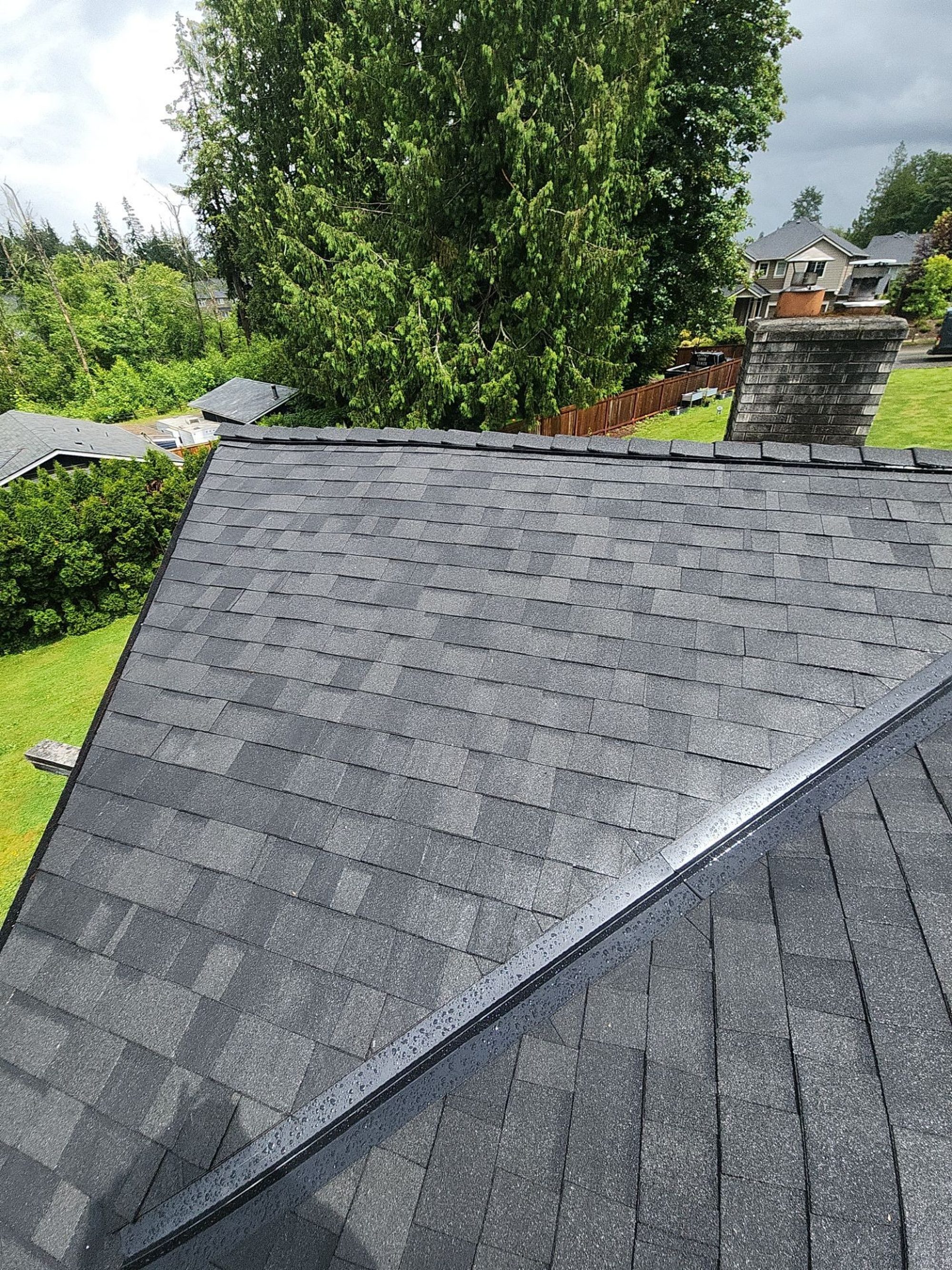 Finished Malarkey Legacy Midnight Black asphalt shingle roof with ridge vent and skylights, Lake Stevens, WA
