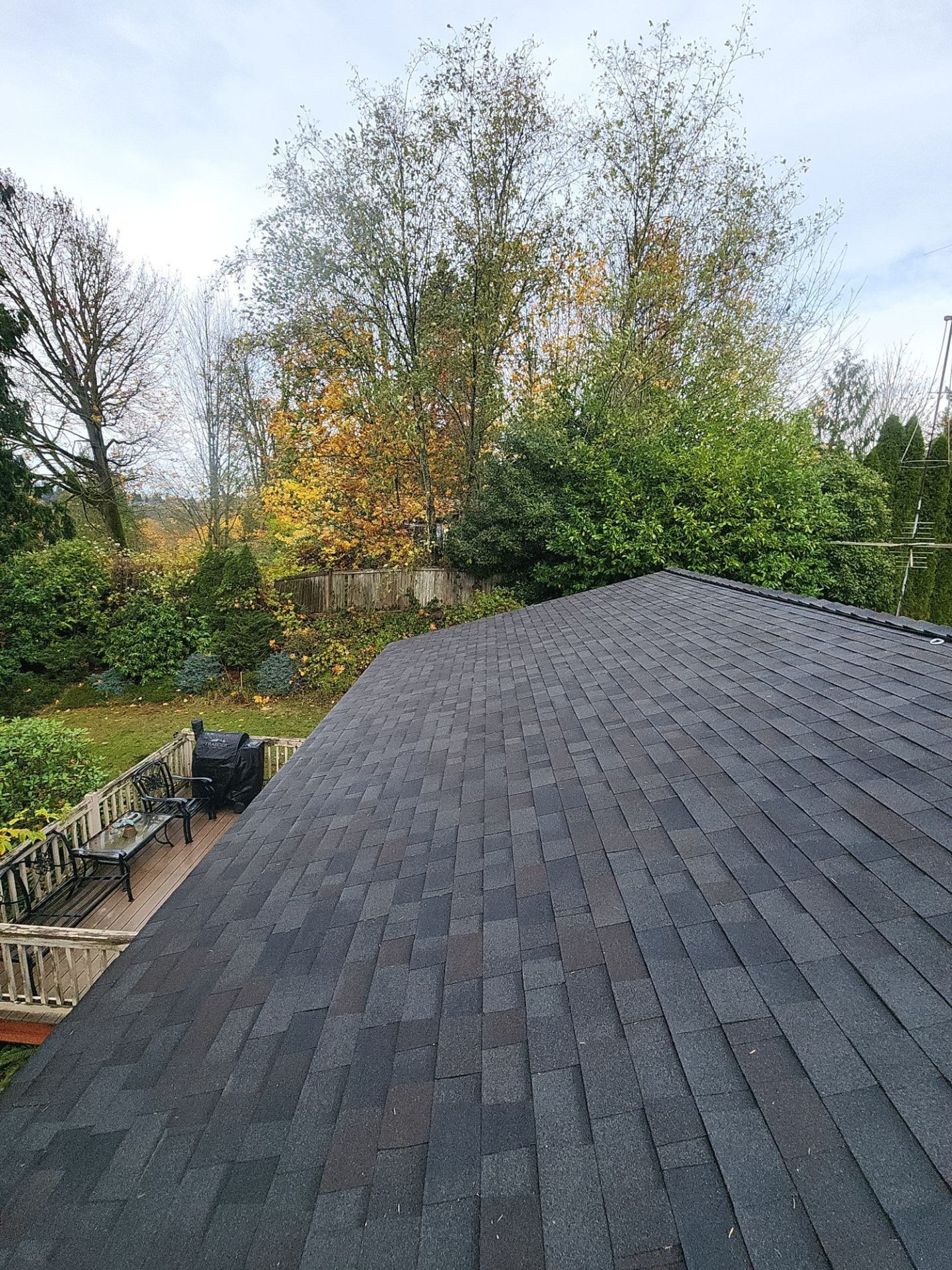 Finished Malarkey Vista Black Oak asphalt shingle roof from the ridge, Snohomish, WA