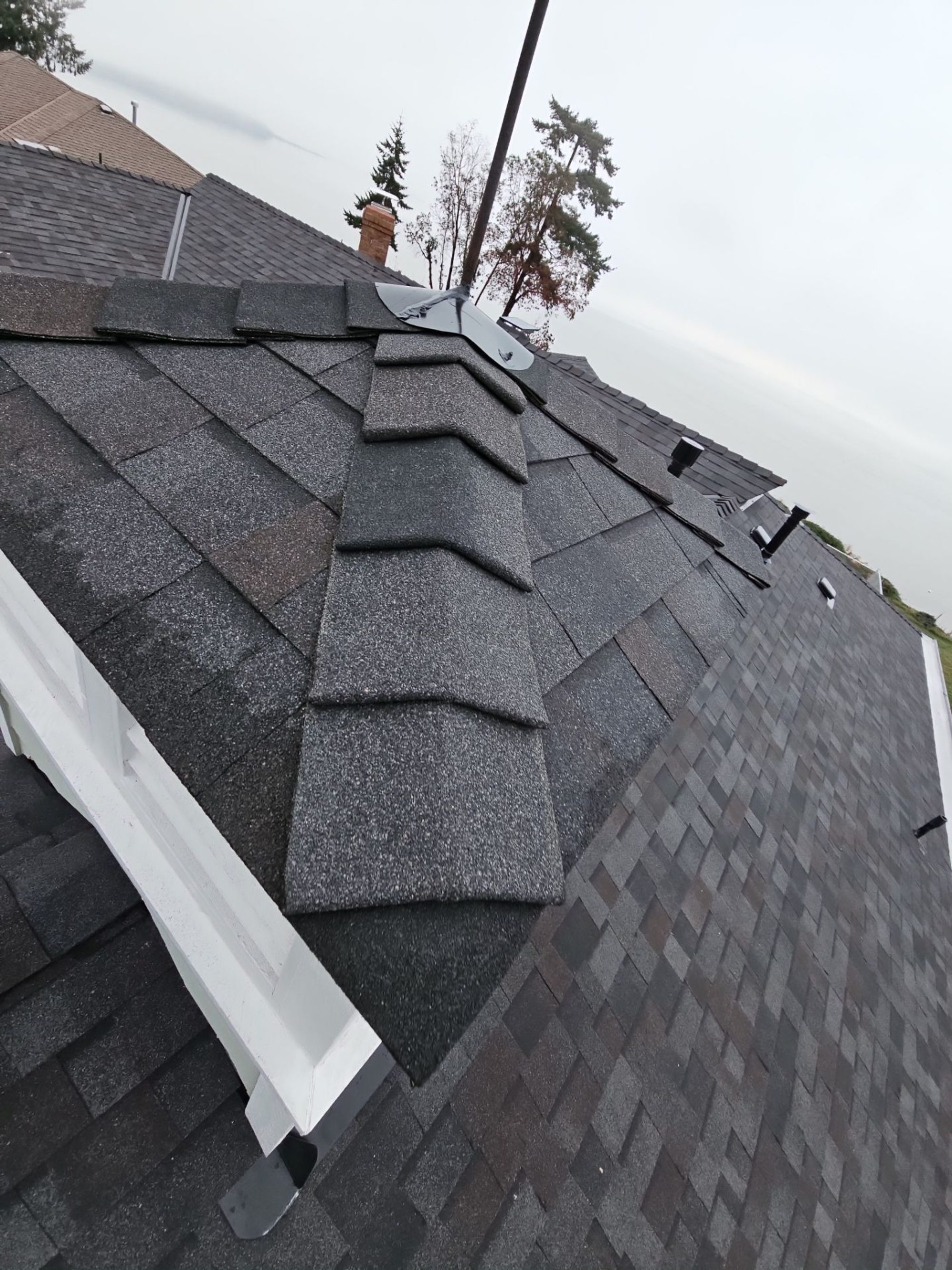 Amor Roofing Black Oak asphalt roof in Camano Island, ridge cap water view