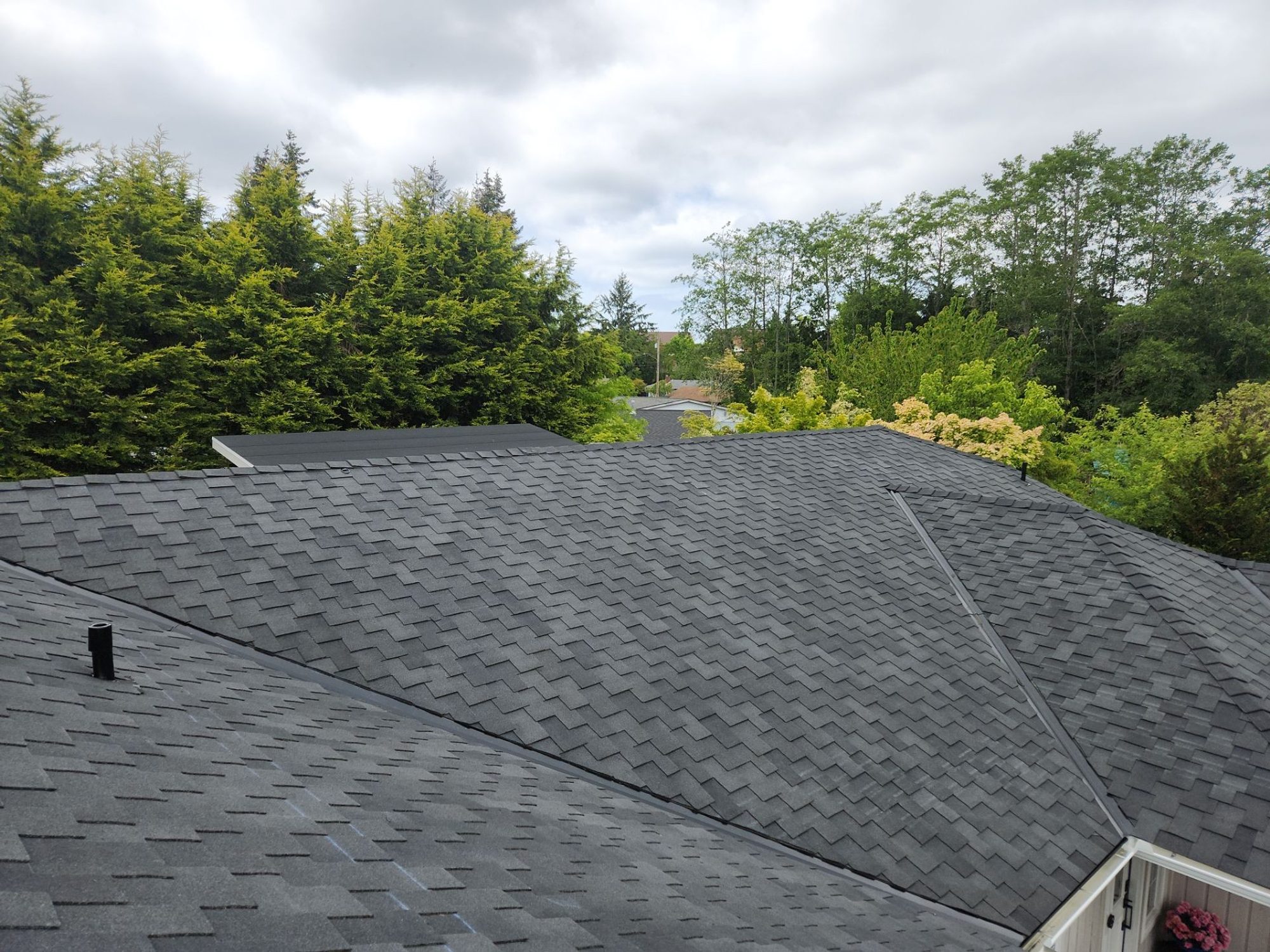 Finished Midnight Black designer shake roof across the ridge with the neighborhood beyond, Brier, WA