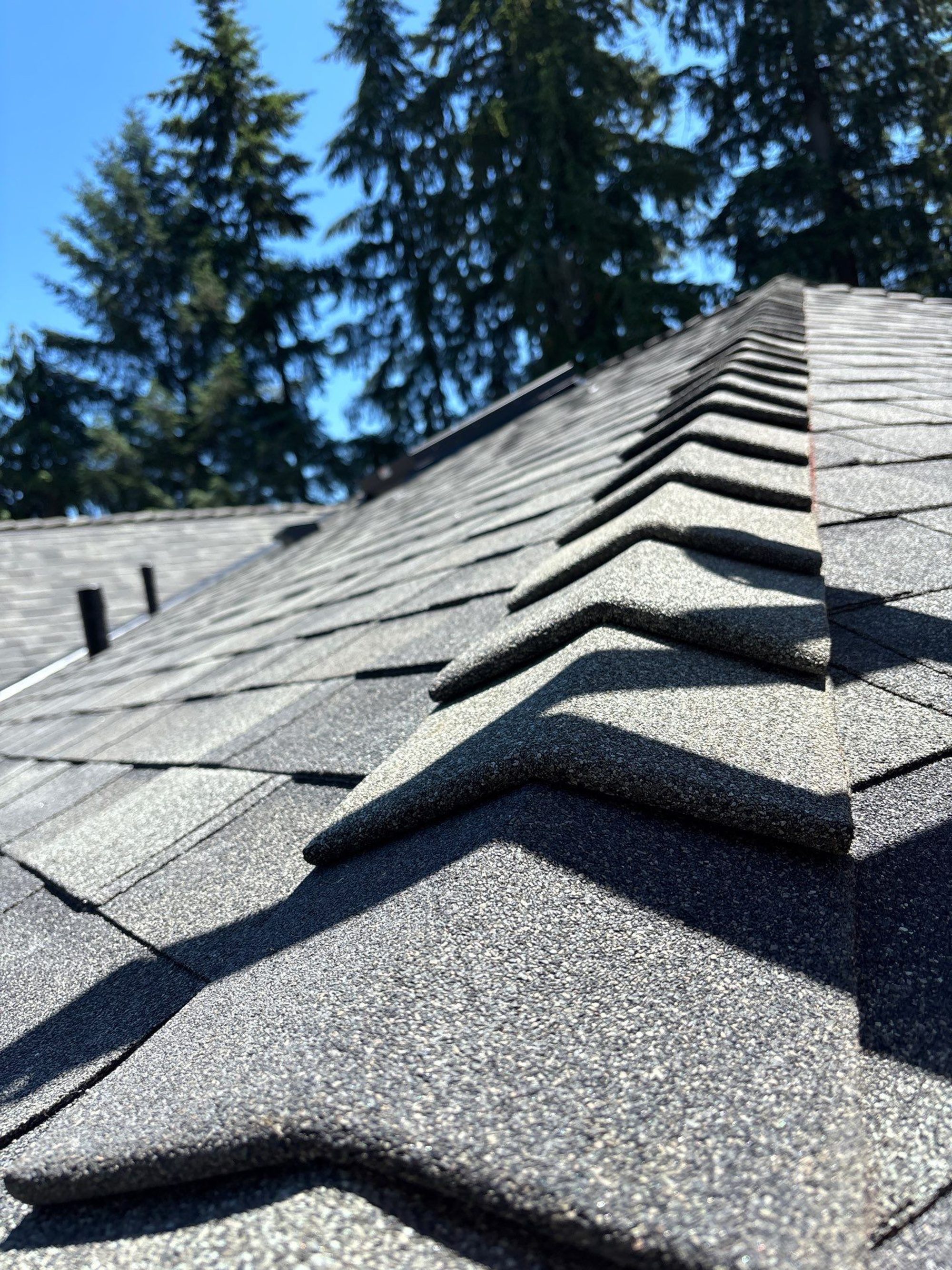 Ridge cap detail on the Malarkey Storm Grey asphalt shingle roof, Lake Stevens, WA