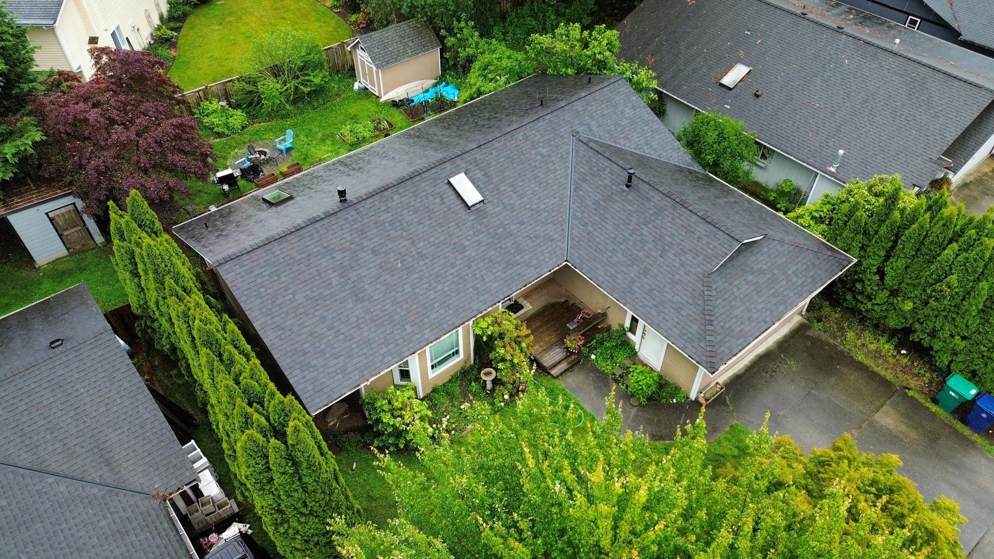 Drone view of the finished Malarkey Vista Black Oak asphalt shingle roof, Lake Stevens, WA, by Amor Roofing