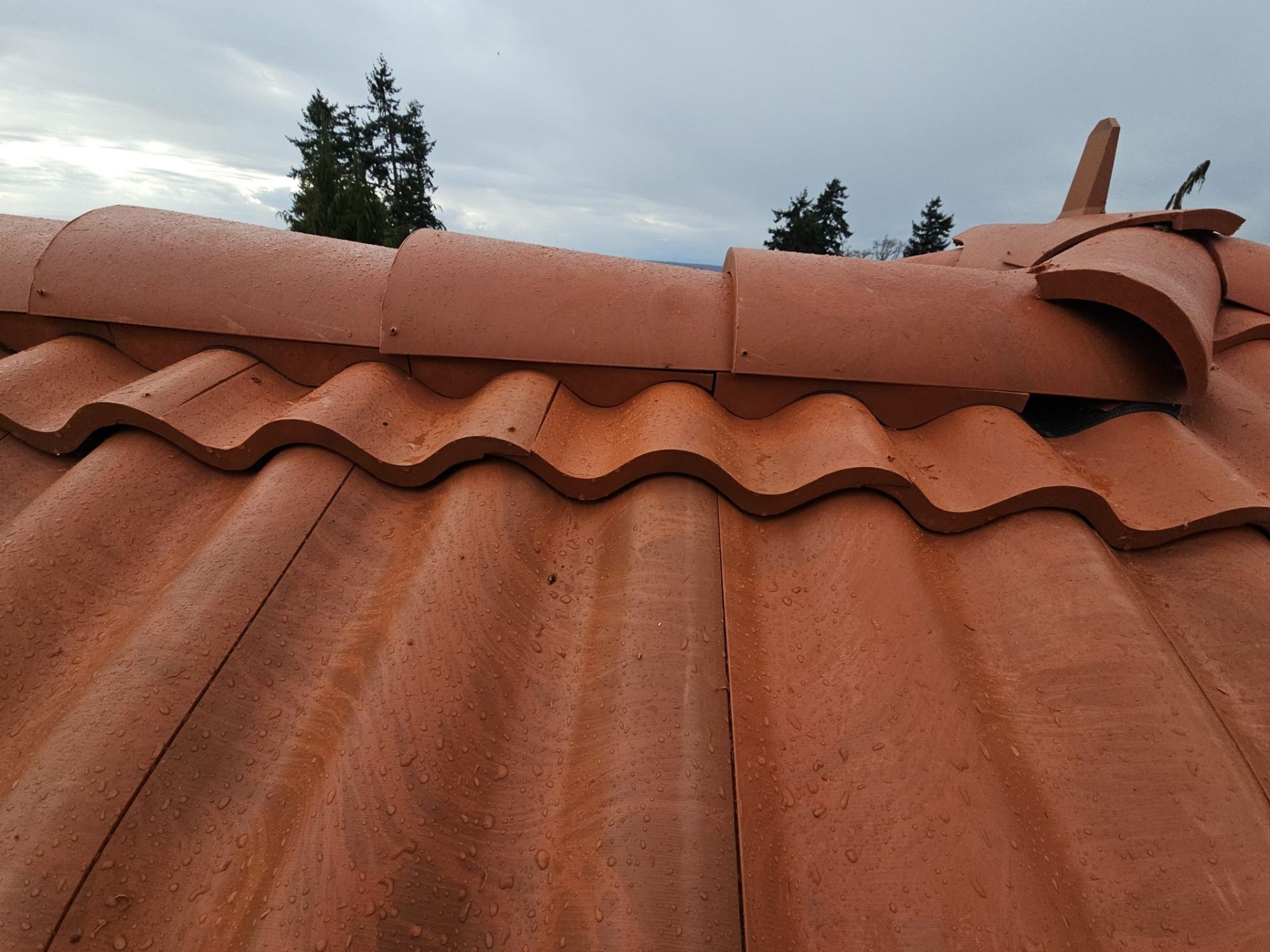 Close-up of the ridge cap and barrel profile of Antique Clay Brava composite Spanish barrel tile, Mukilteo, WA