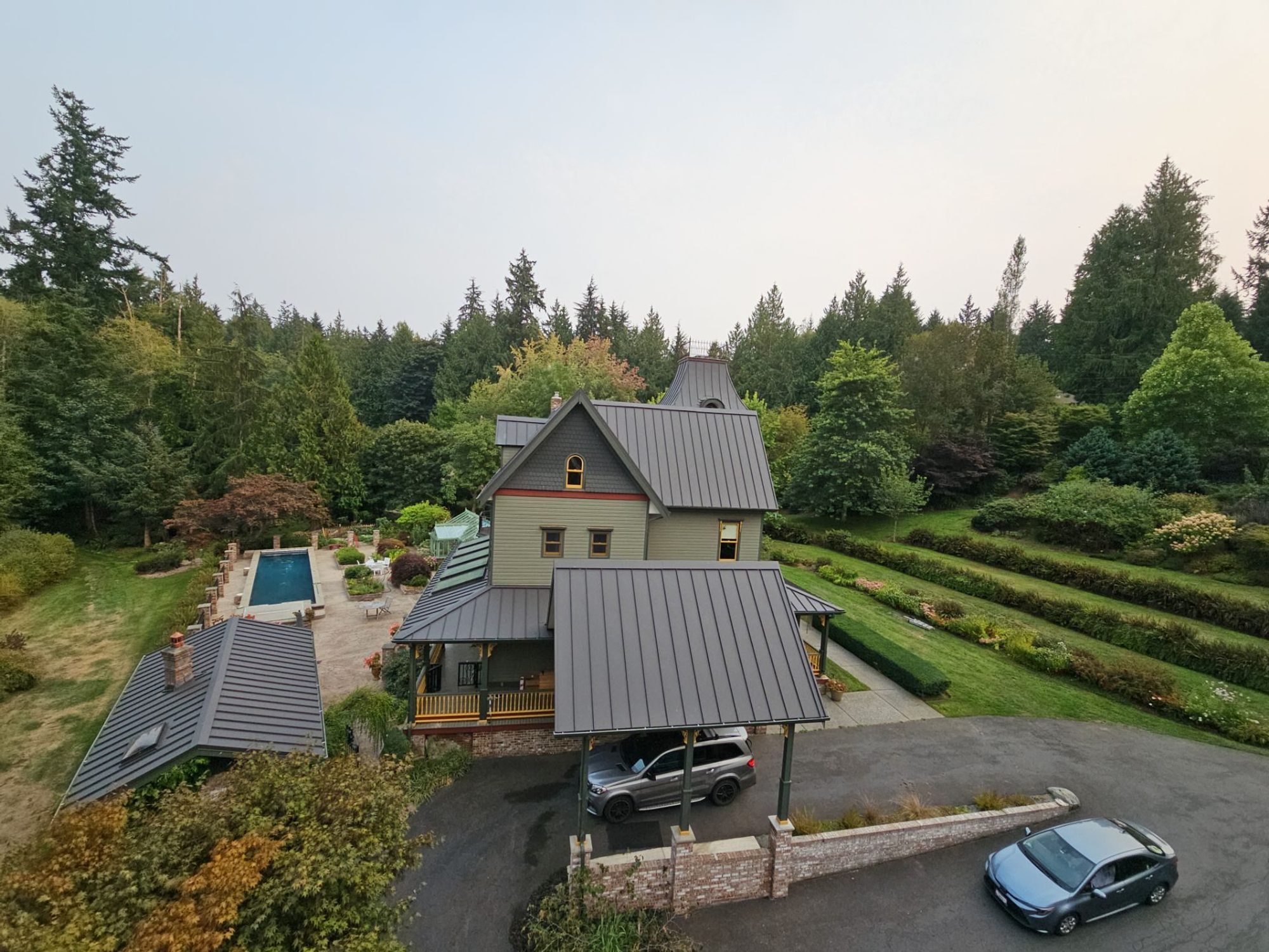 Wide angle of completed Black Carbon standing seam metal roof in Stanwood, WA