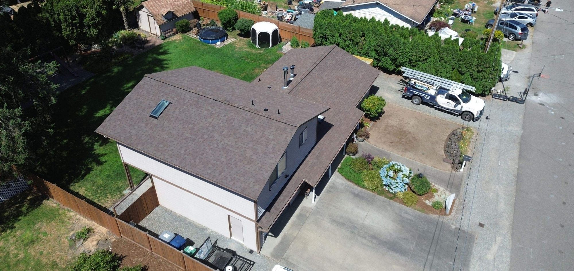 Drone view of the finished Malarkey Heather asphalt shingle roof, Renton, WA, by Amor Roofing