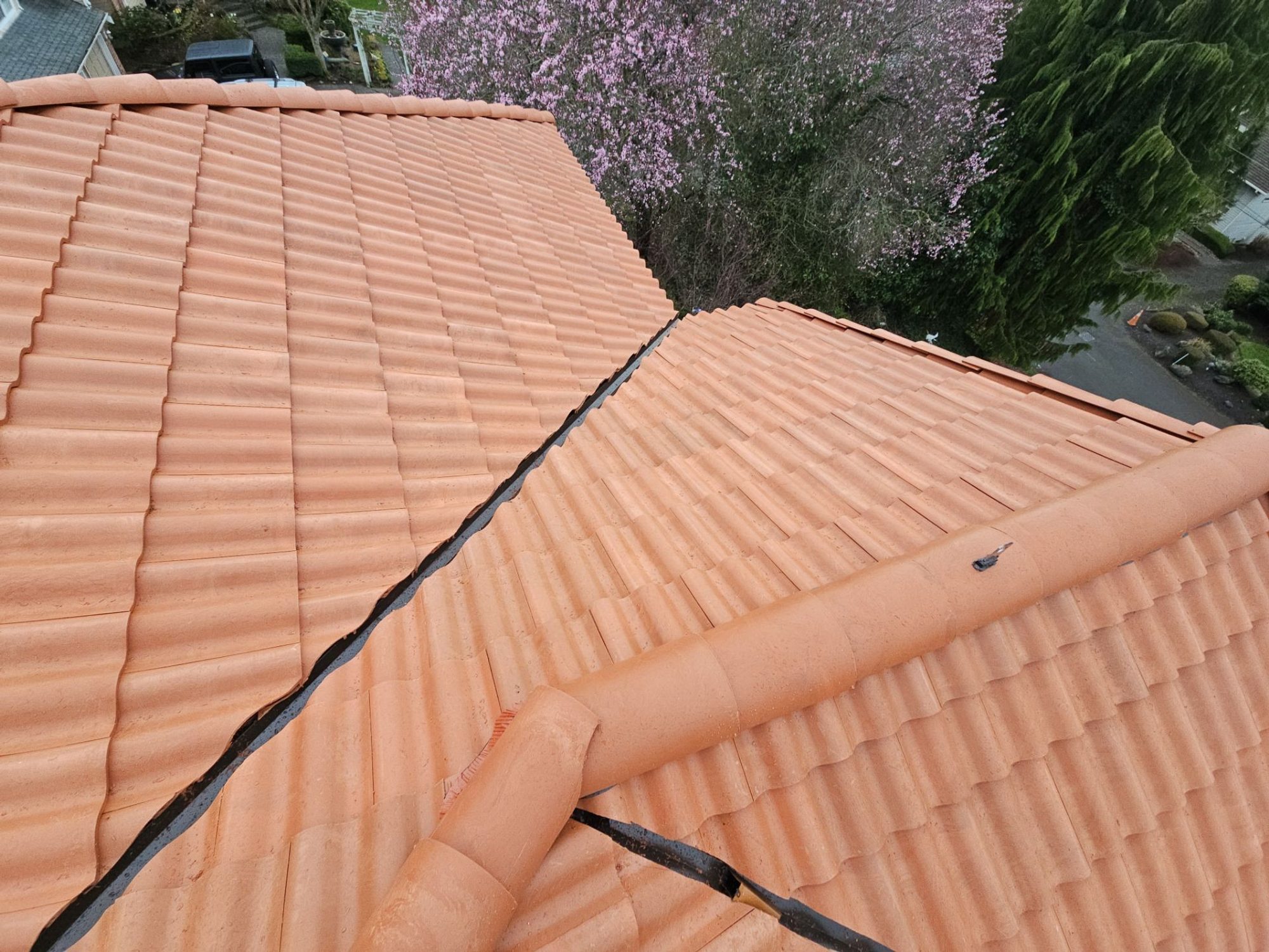 Hip and ridge cap detail on the Antique Clay Brava composite Spanish barrel tile roof with a cherry tree in bloom, Mukilteo, WA
