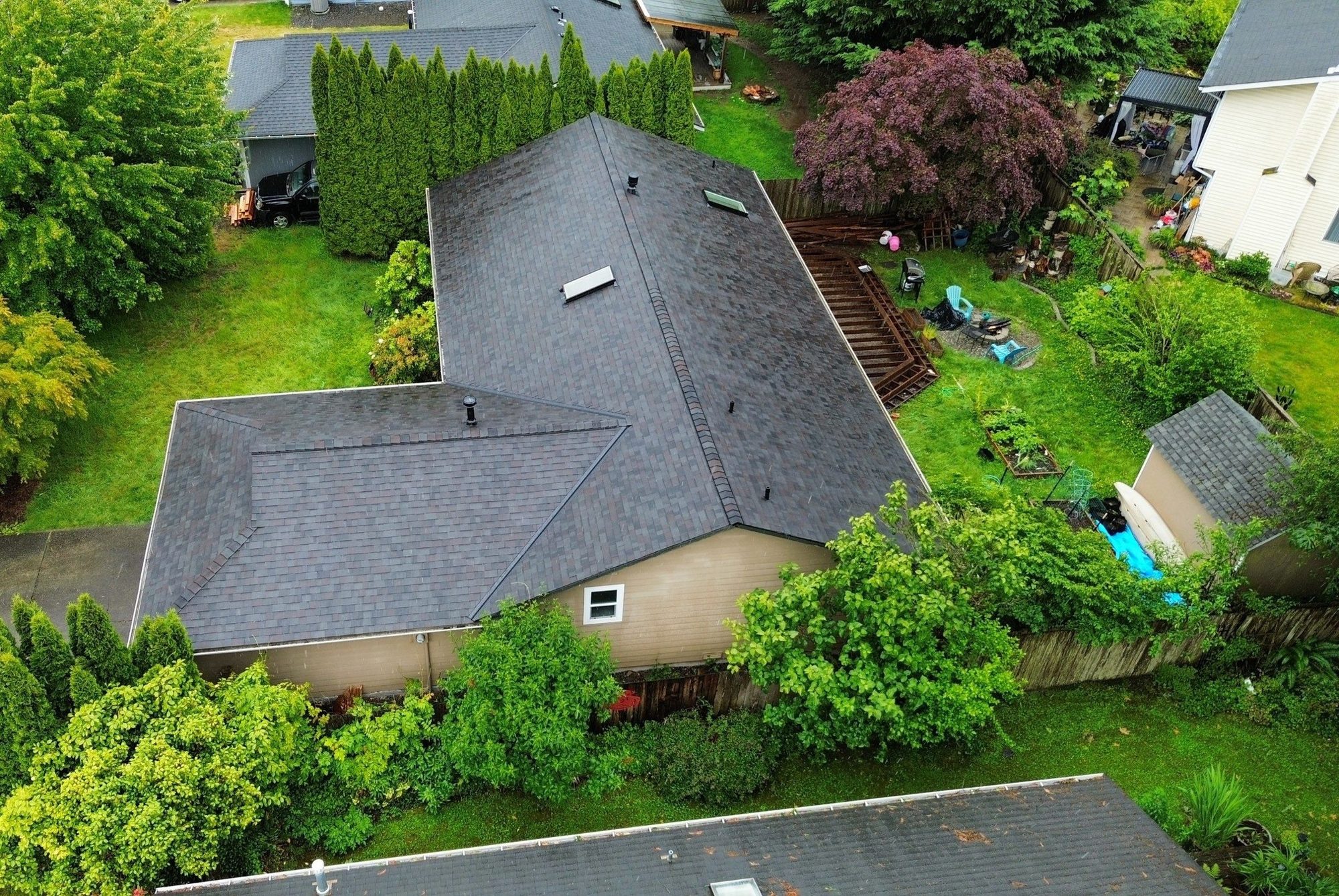 Drone view of the finished Malarkey Vista Black Oak asphalt shingle roof, Lake Stevens, WA, by Amor Roofing
