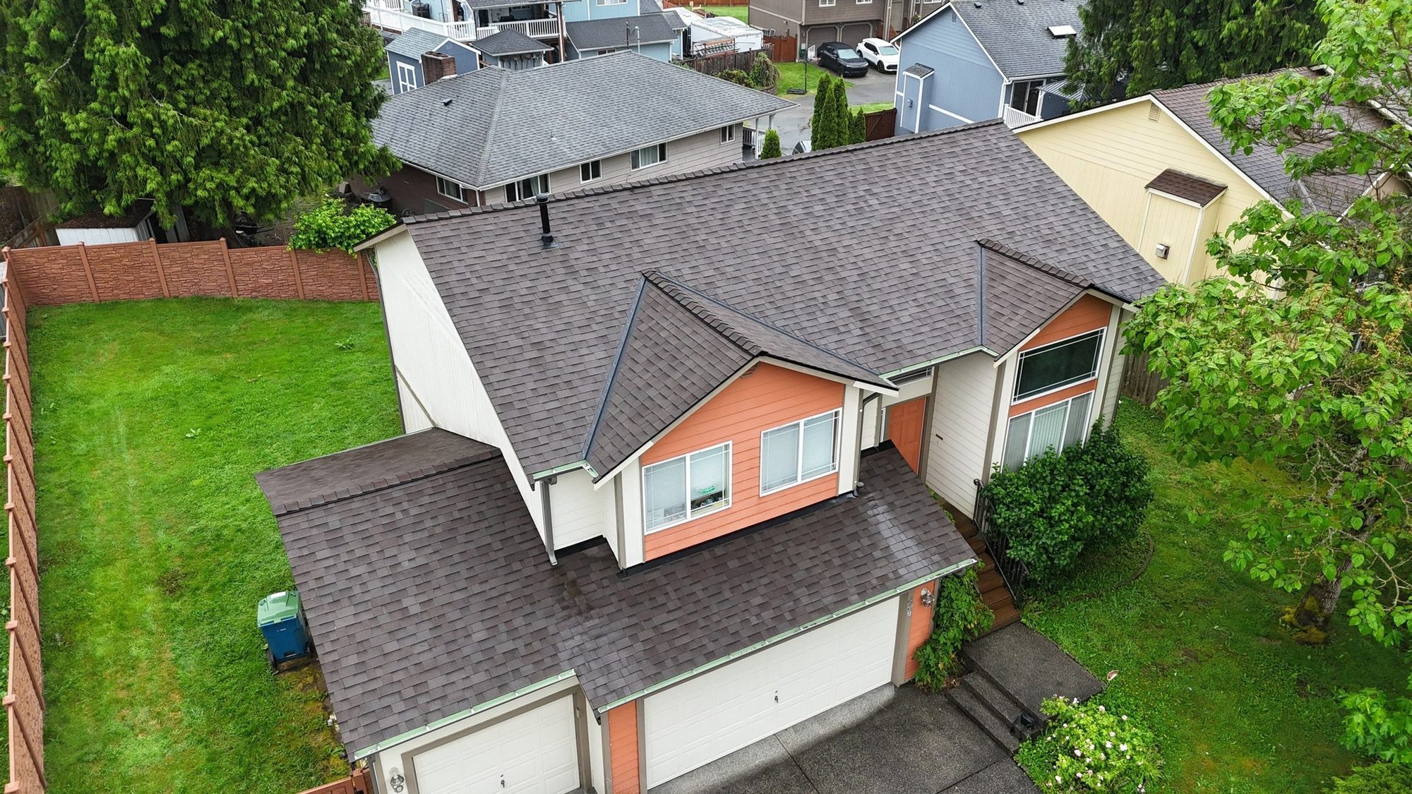 Drone view of the finished Malarkey Vista Heather asphalt shingle roof, Snohomish, WA, by Amor Roofing