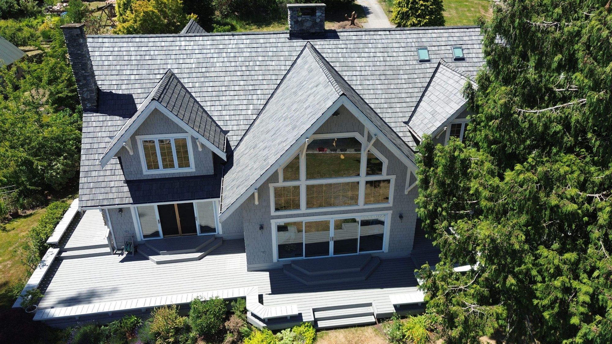 Amor Roofing Canyon Gray composite roof in Stanwood, full elevation aerial