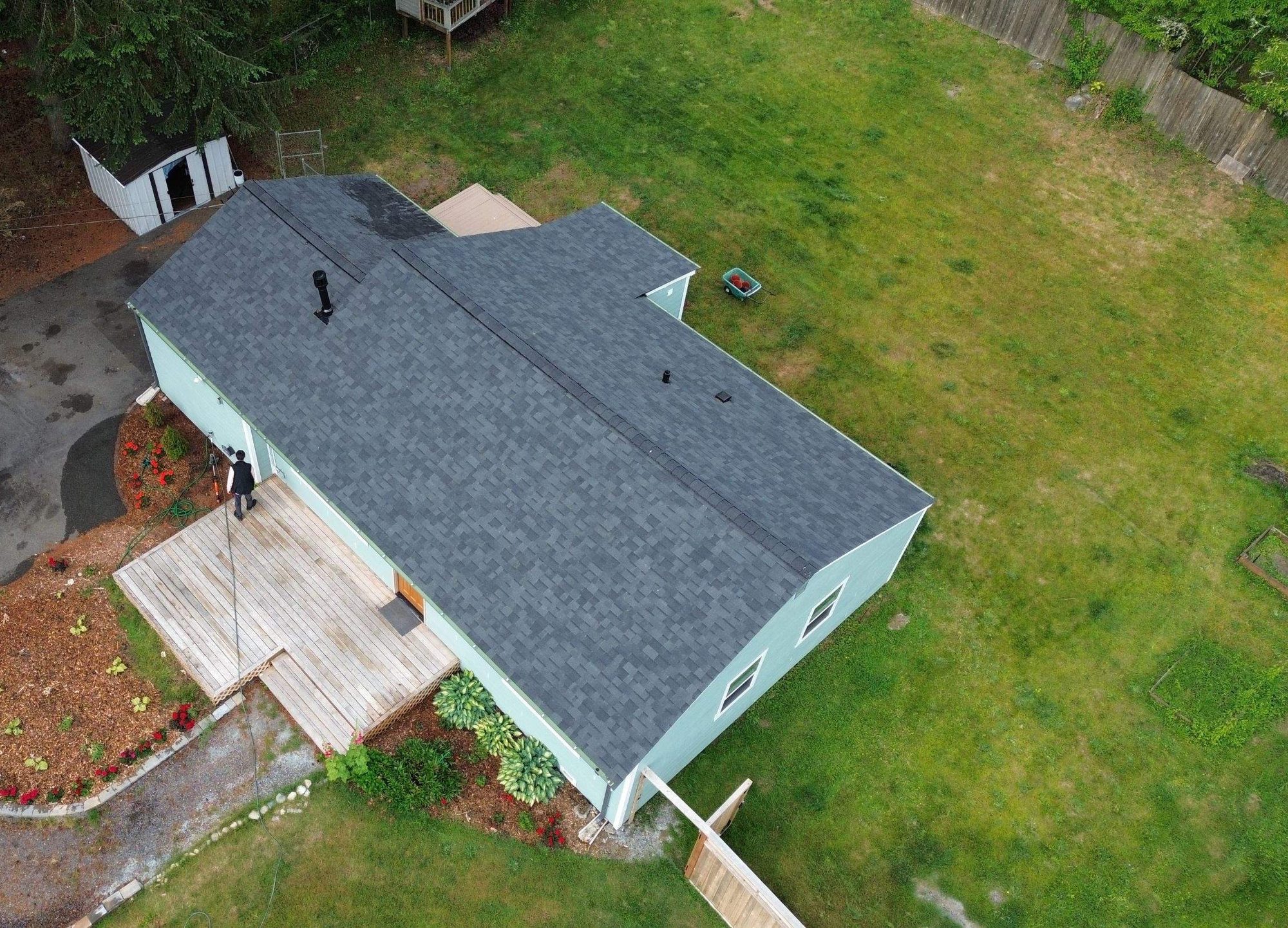 Drone view of the finished Malarkey Legacy Midnight Black asphalt shingle roof, Edmonds, WA, by Amor Roofing