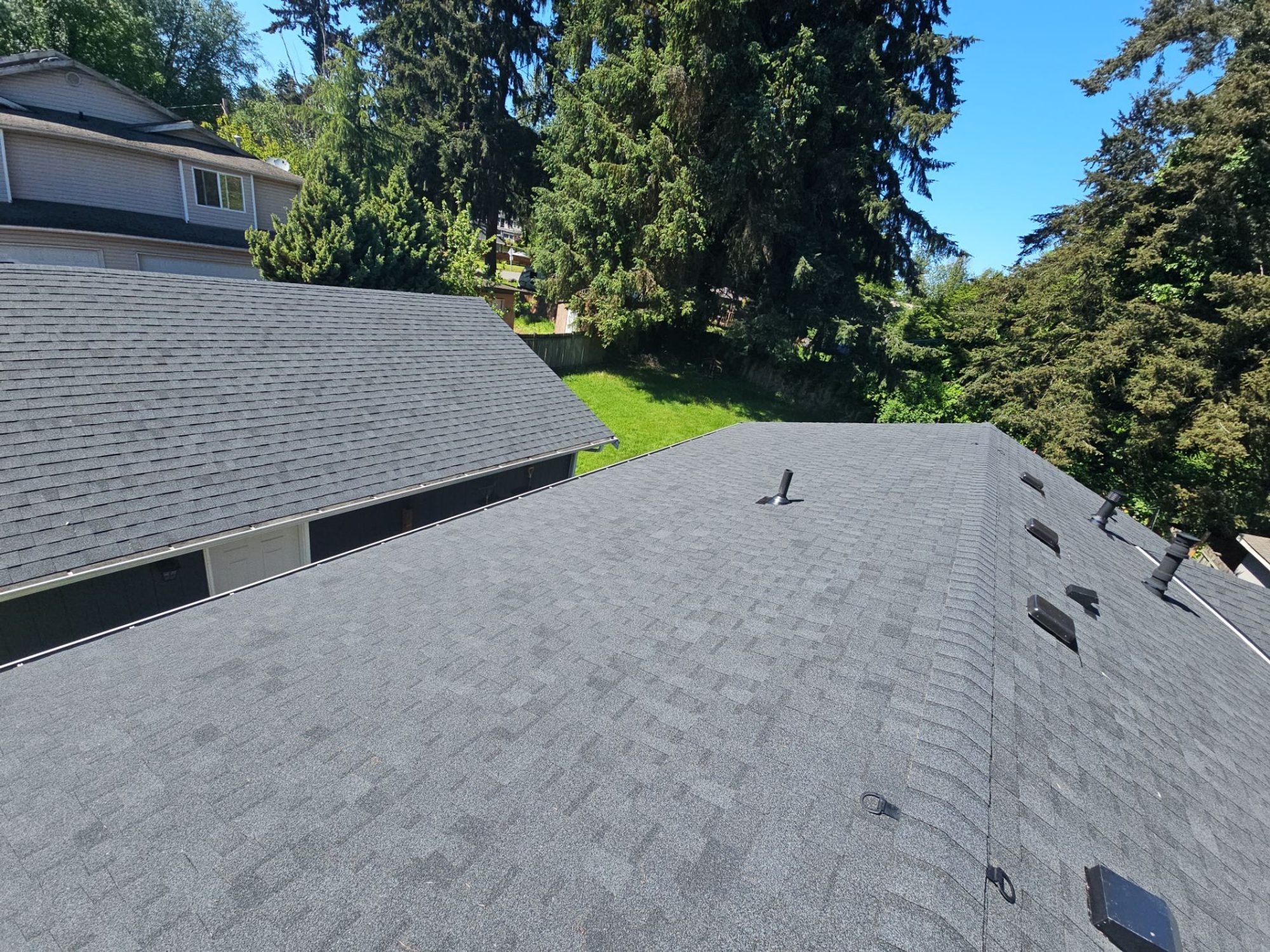Aerial ridge shot of the finished Antique Black asphalt roof with forest and neighboring homes, Everett, WA