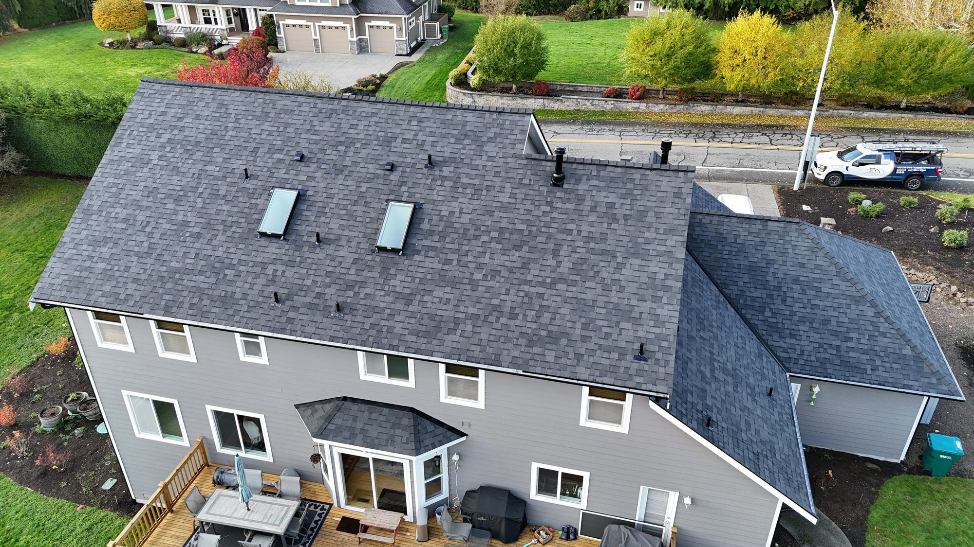 Aerial view of a finished asphalt shingle roof in Snohomish, WA, photo 6