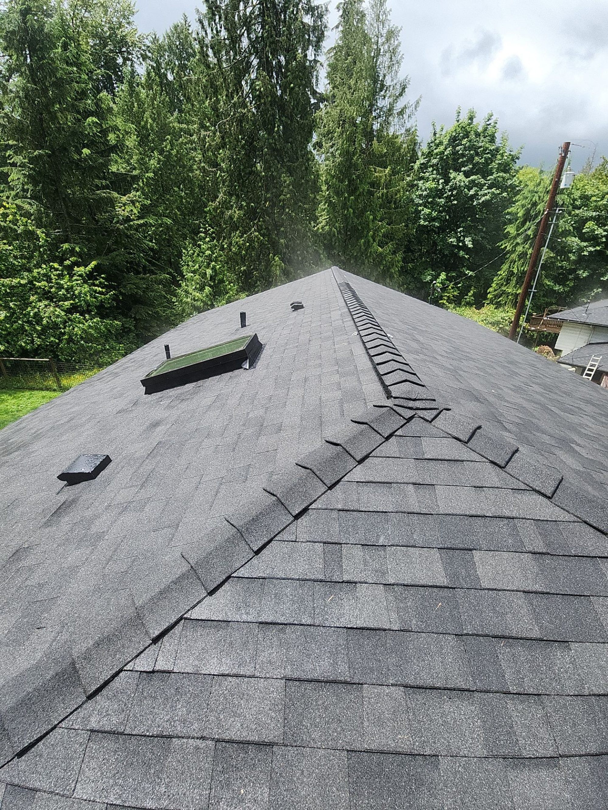 Finished Malarkey Legacy Midnight Black asphalt shingle roof with ridge vent and skylights, Lake Stevens, WA