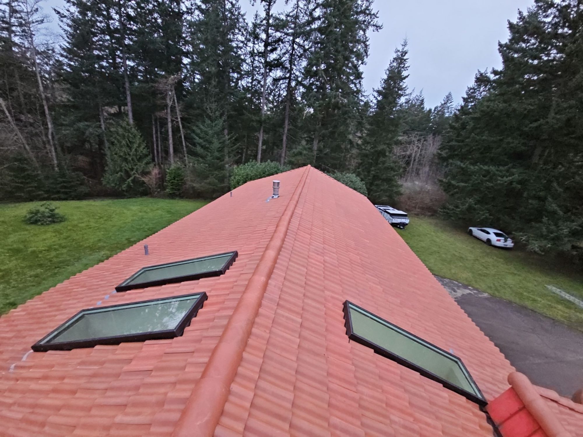 Antique Clay Brava composite Spanish barrel tile ridge line with two skylights and evergreen backdrop, Camano Island, WA