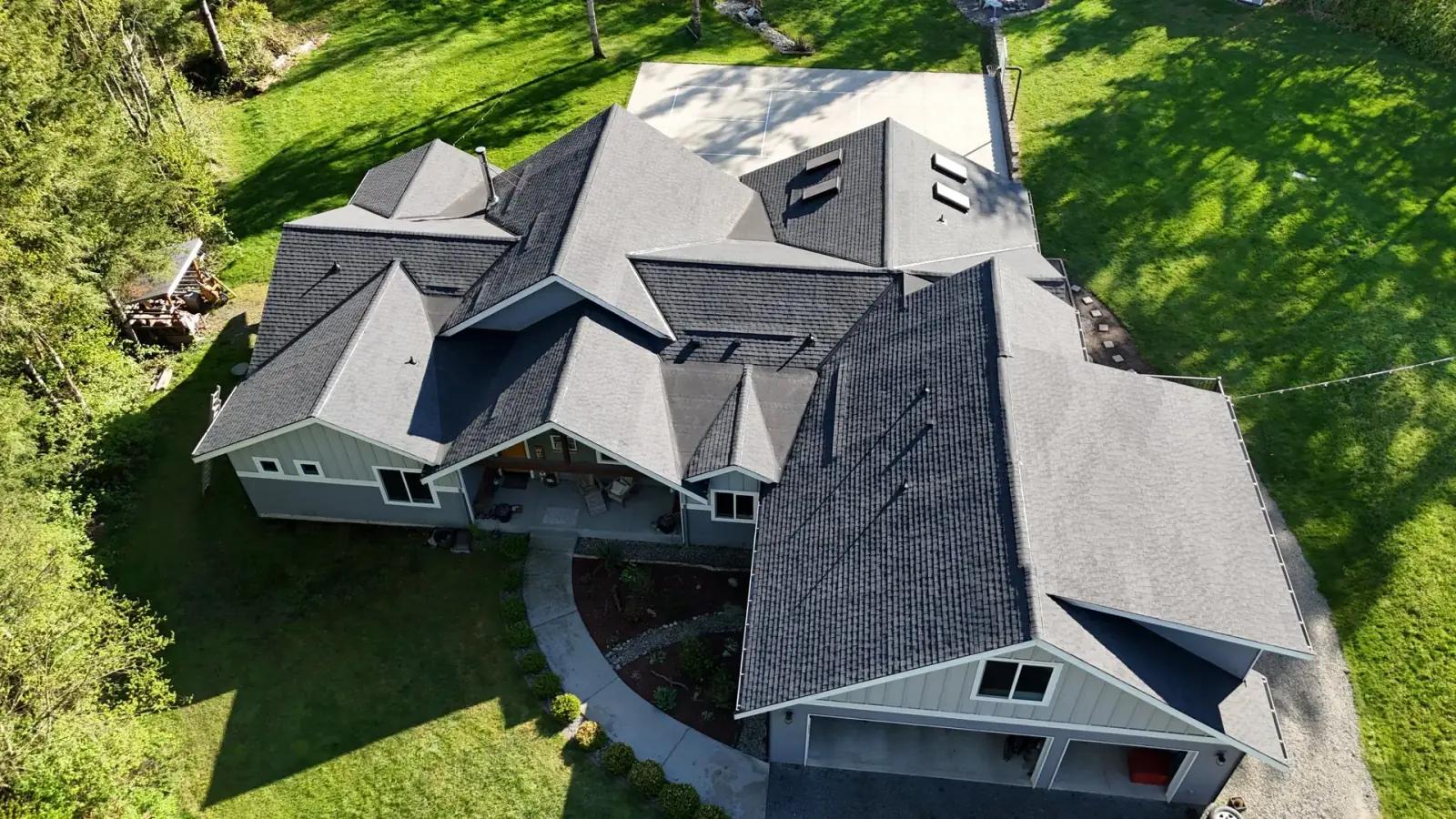 Aerial drone shot of the Wheat Residence in Lake Stevens with completed Pabco Antique Black asphalt replacement