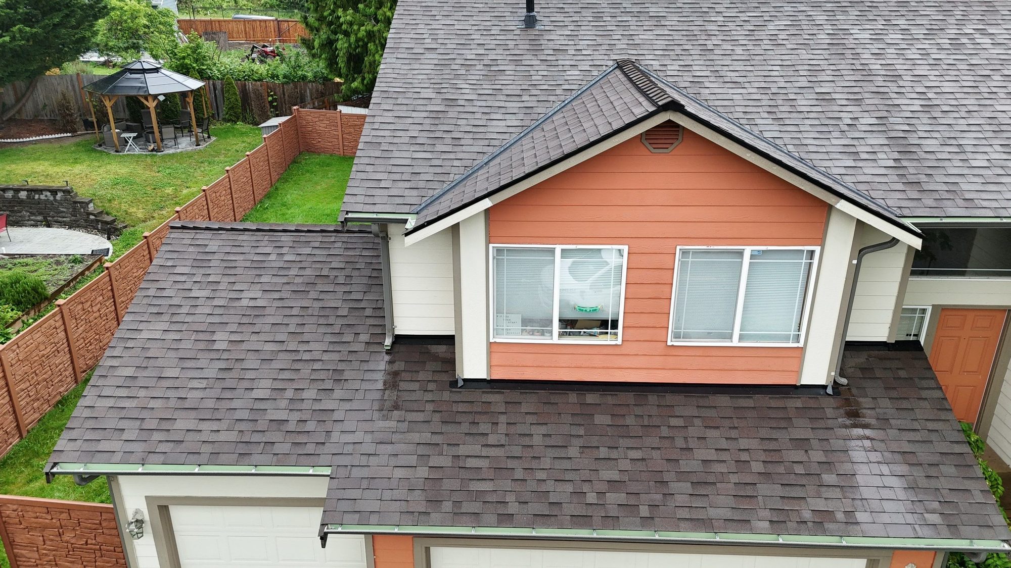 Drone view of the finished Malarkey Vista Heather asphalt shingle roof, Snohomish, WA, by Amor Roofing