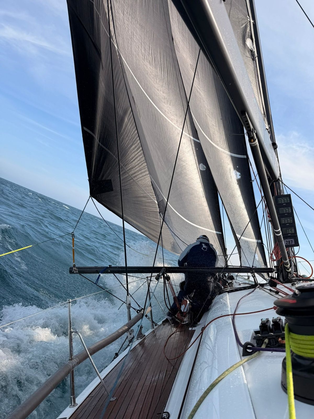 Helmsman upwind with the sails overhead