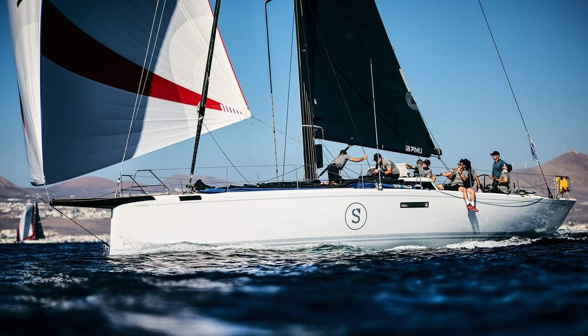 Pimu under spinnaker off Lanzarote at the start of the 2024 RORC Transatlantic