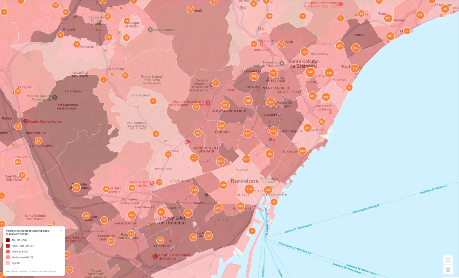 Índice de presión de la demanda de alquiler, área metropolitana de Barcelona (0–100). Fuente: RESIDELIA Data, 2 de octubre de 2026.