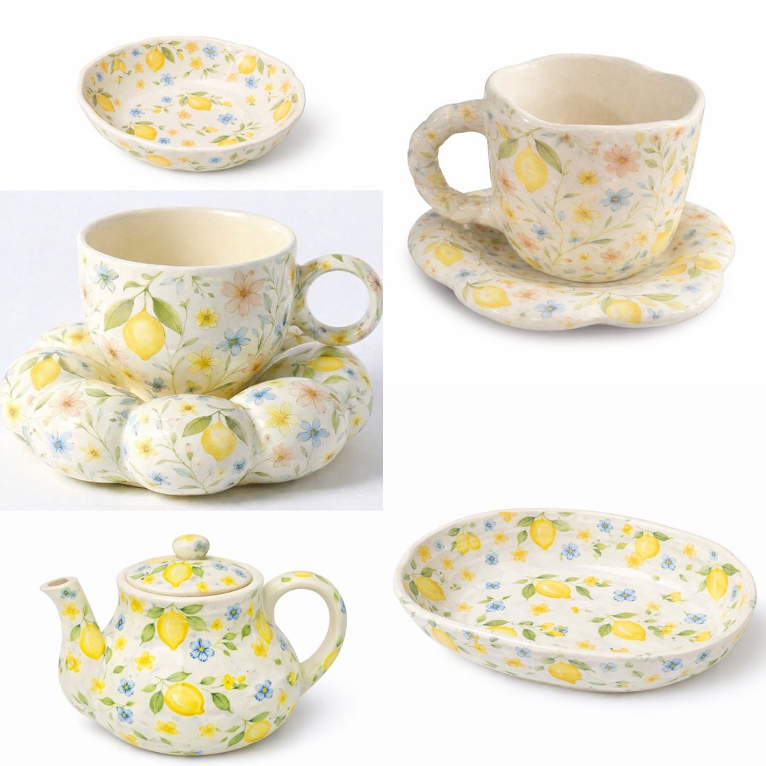 Lemon-print ceramic set: cups, teapot and plates