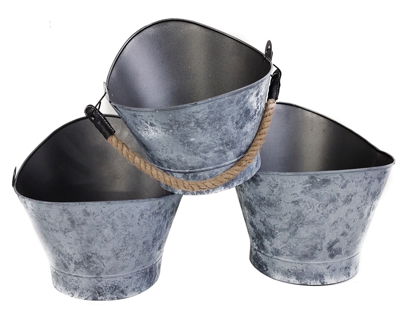 Galvanized metal planters with rope handles in an aged zinc finish