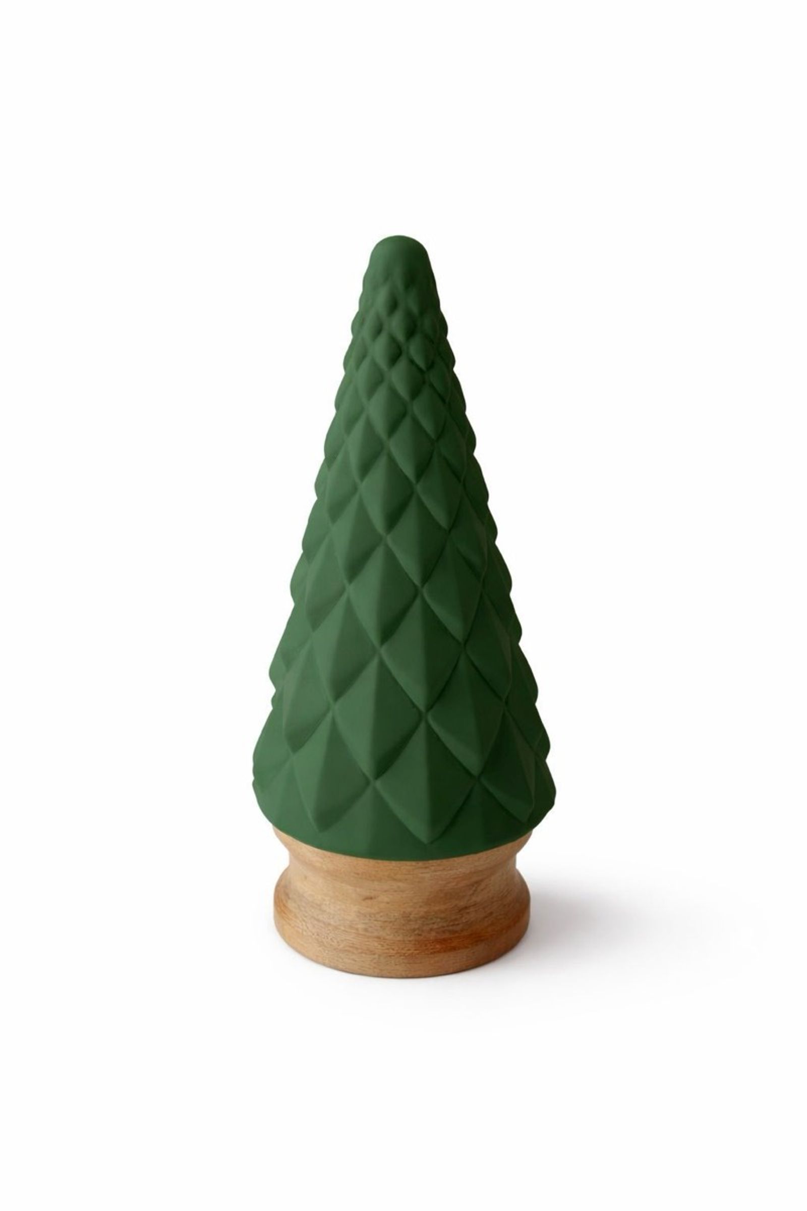 Frosted green textured glass Christmas tree on a wooden base