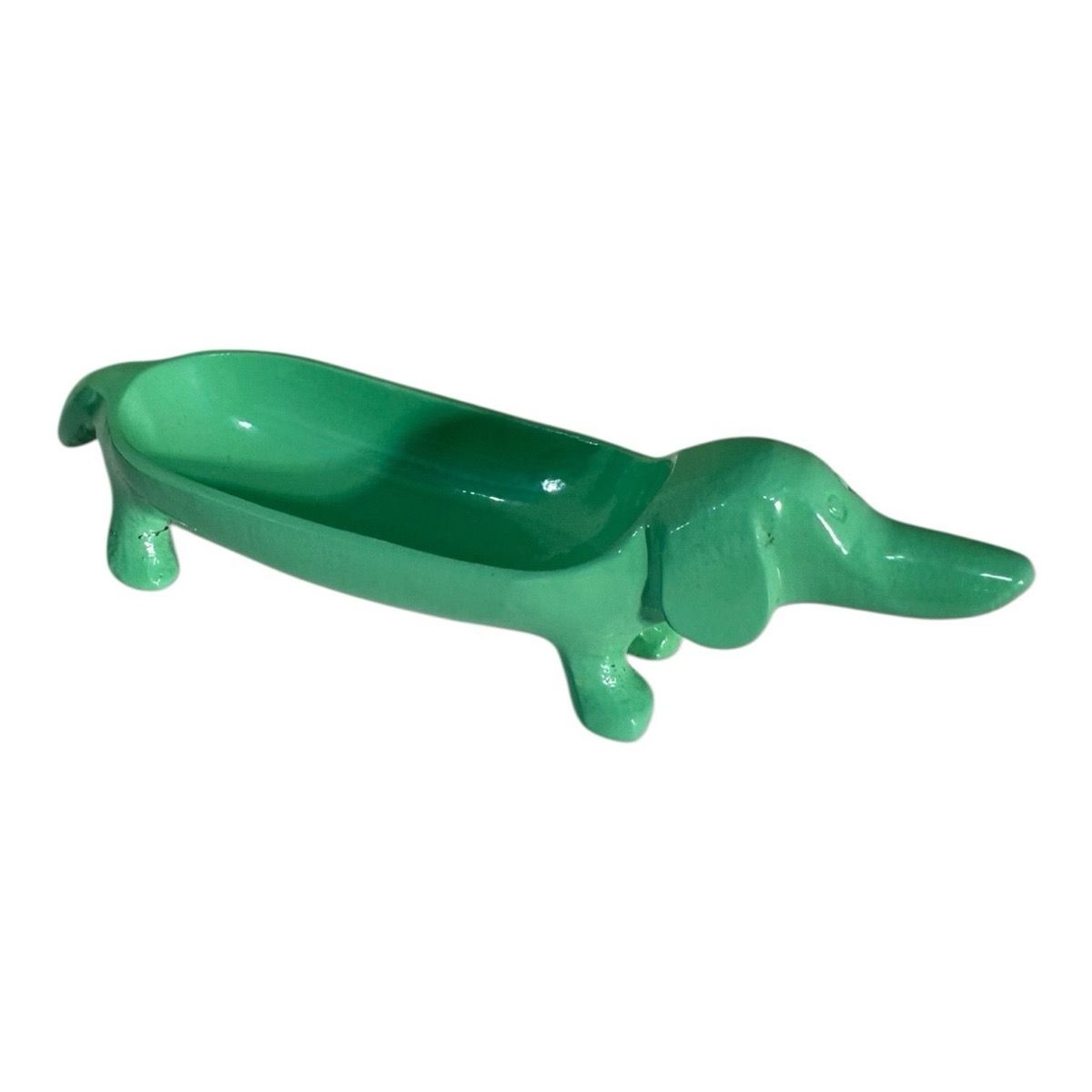Green dachshund-shaped aluminum catchall dish