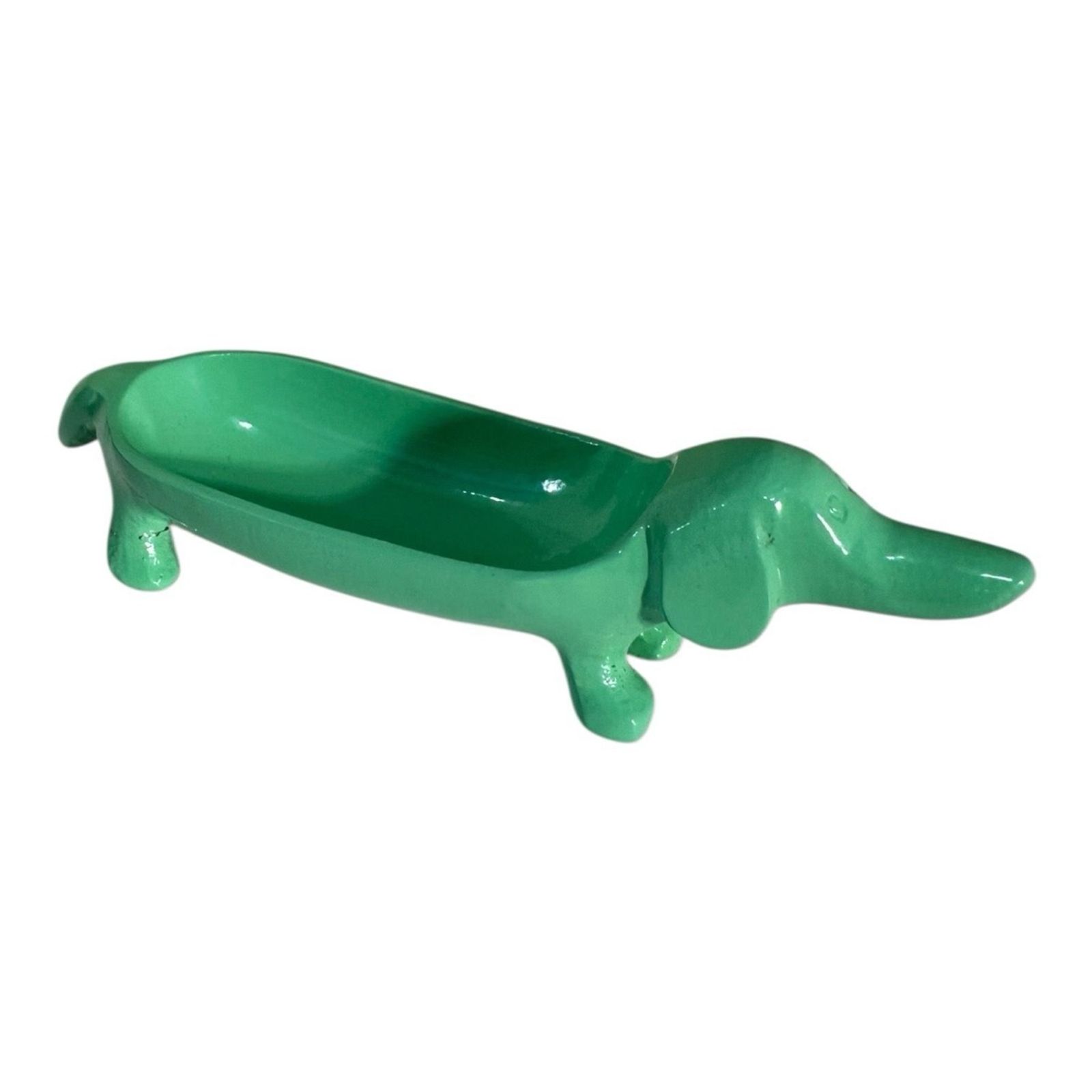 Green dachshund-shaped aluminum catchall dish