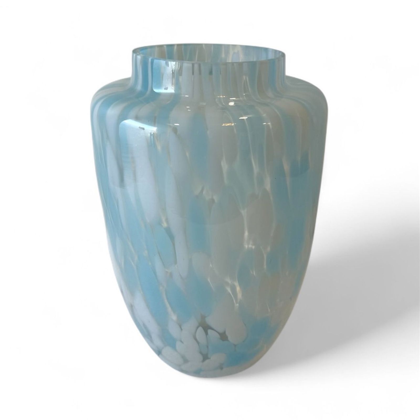Pale blue and white speckled hand-blown glass vase