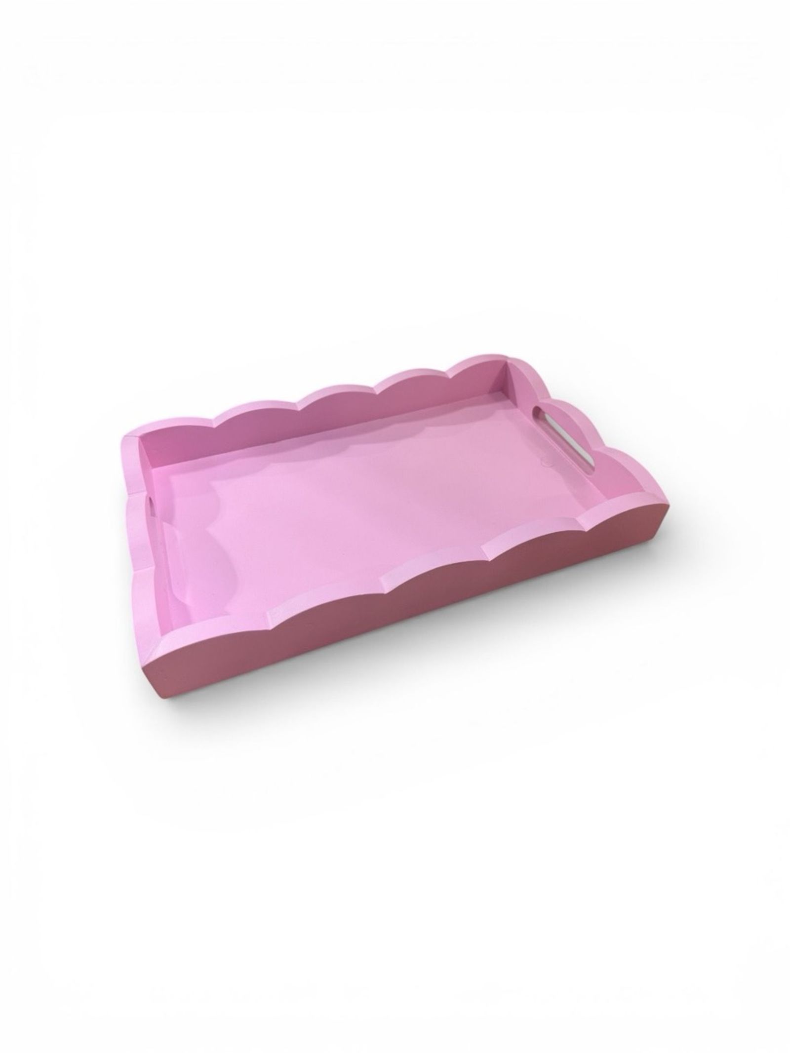 Pink scalloped enamel-coated wooden serving tray