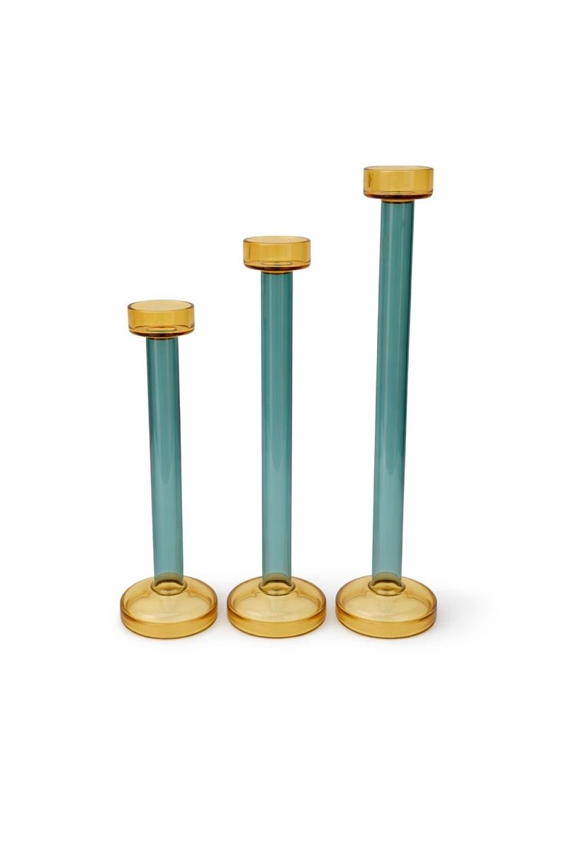Set of three teal-and-amber glass taper candle holders