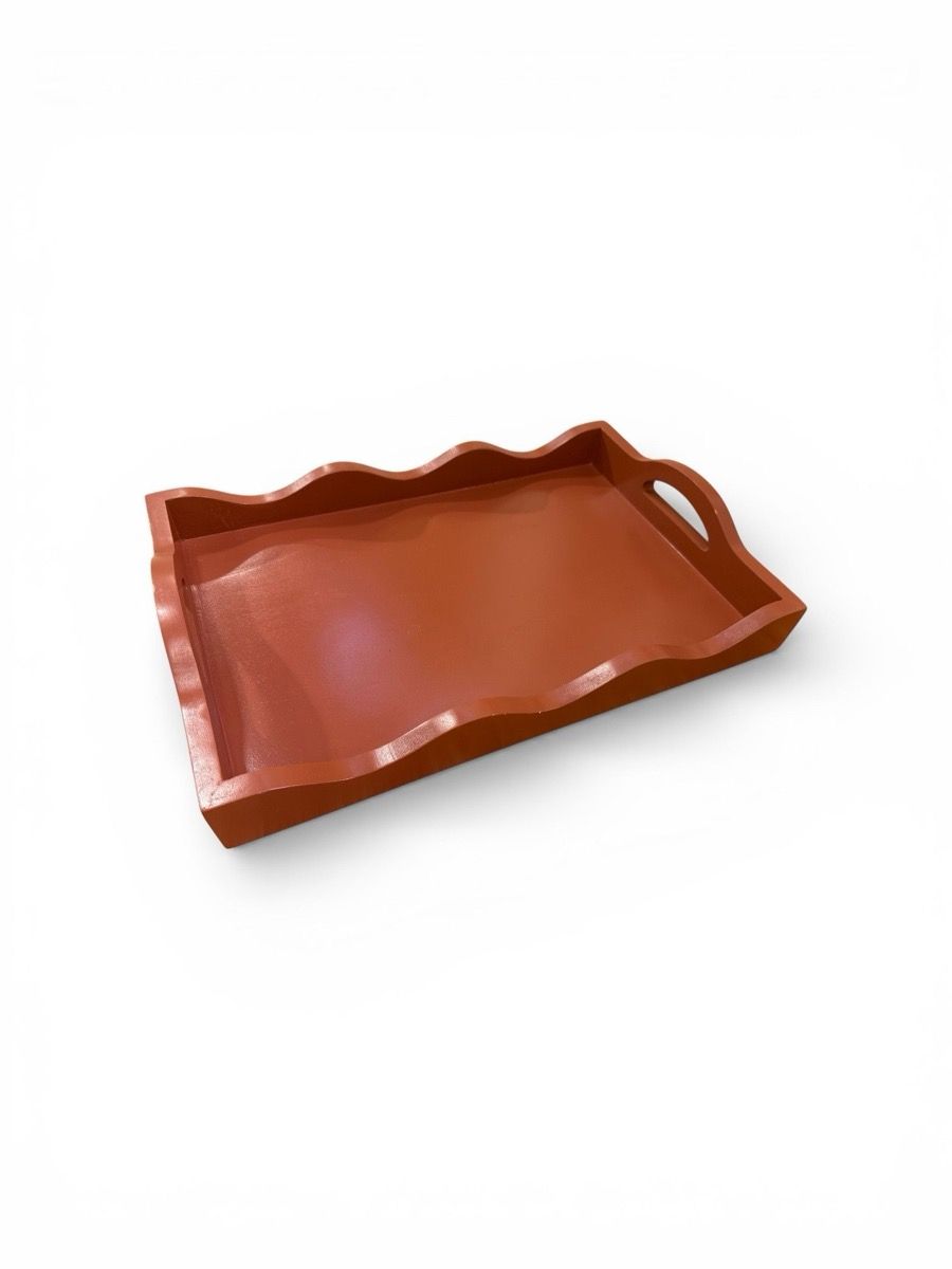 Terracotta wavy-scallop enamel-coated wooden serving tray