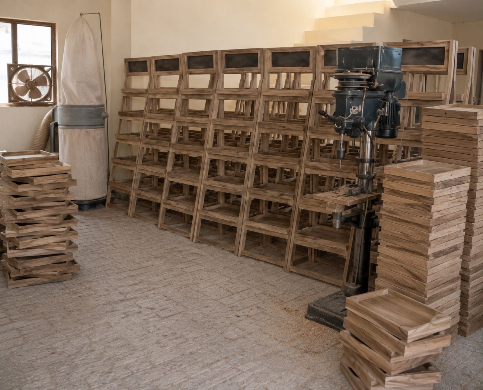 Wooden trays and furniture components stacked at the Gemixx woodware factory, Saharanpur