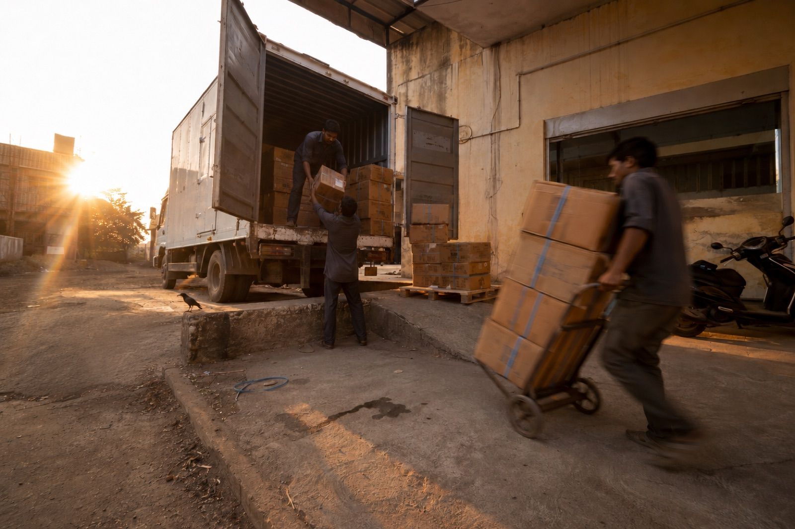 Packed export cartons loaded for dispatch at the Gemixx quality-control and packaging house, Noida