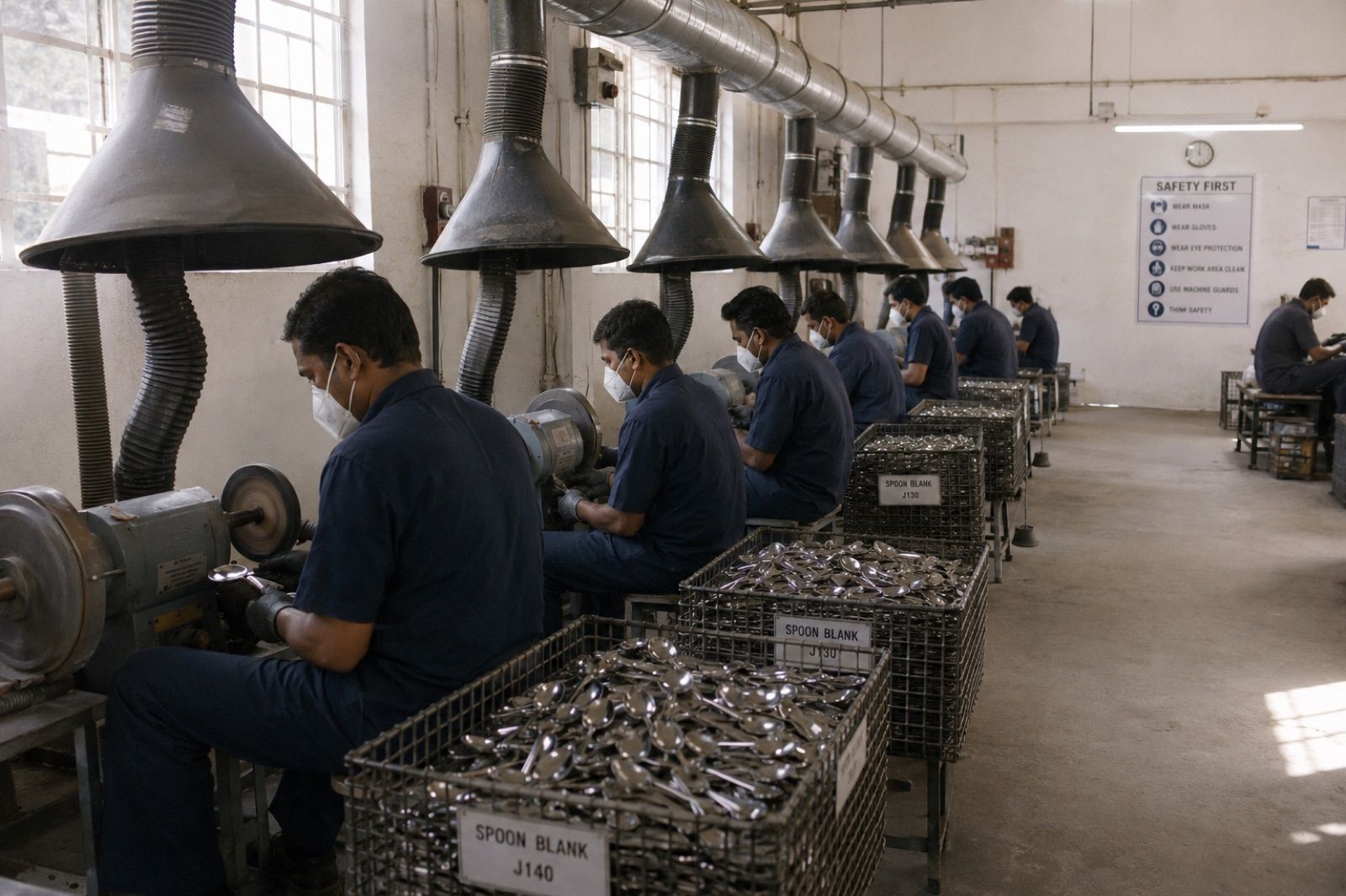 Artisans polishing flatware on the buffing line at the Gemixx Moradabad metalware factory