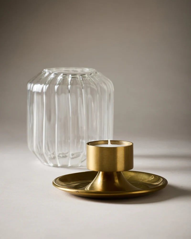 Glass hurricane and brass candle holder shown together