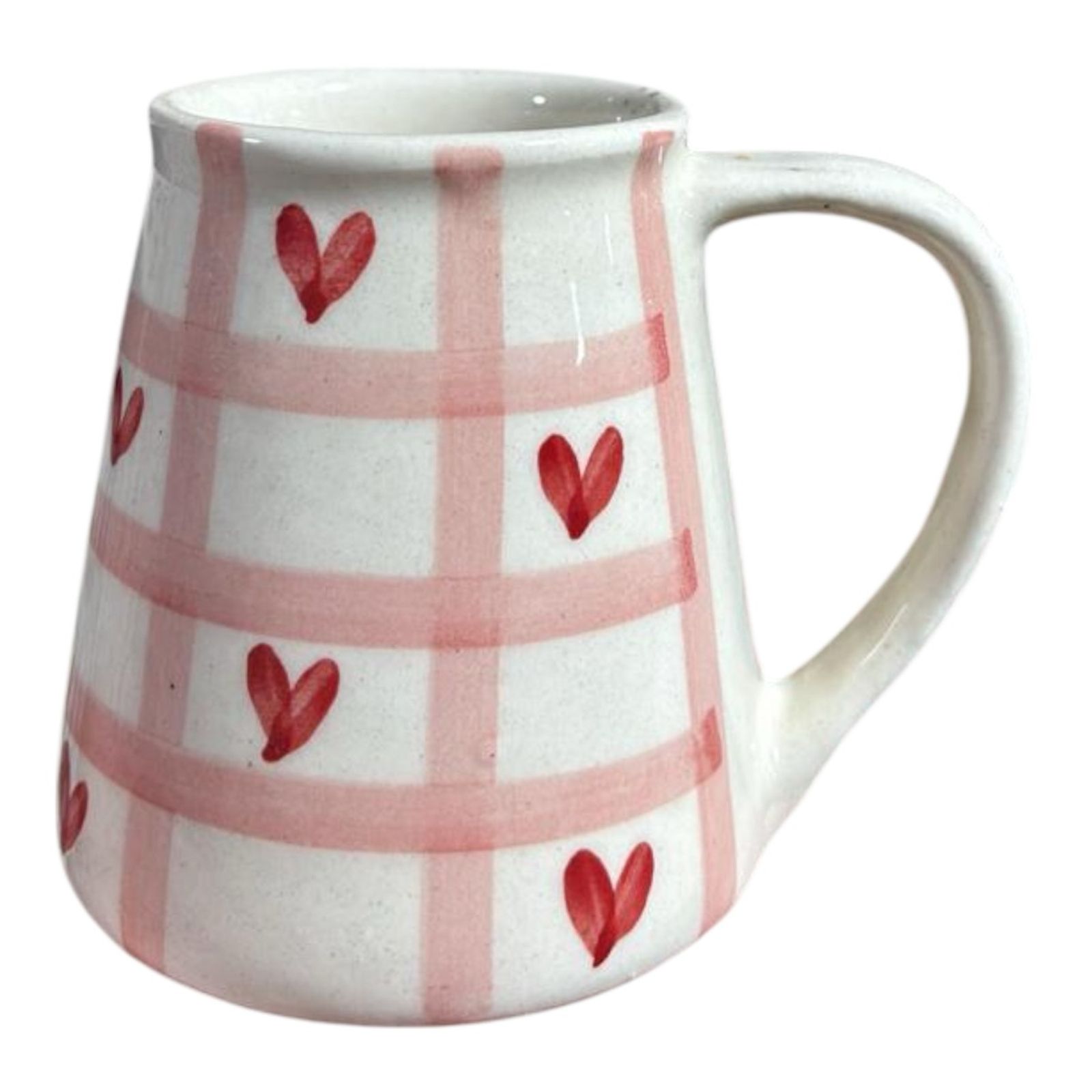 Hand-painted stoneware pitcher with pink gingham and red hearts