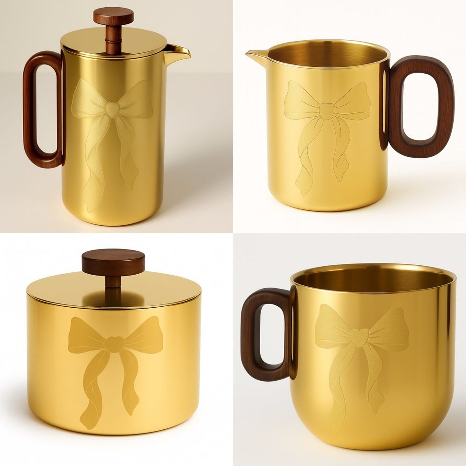 Brushed-gold French press, mug and canister set