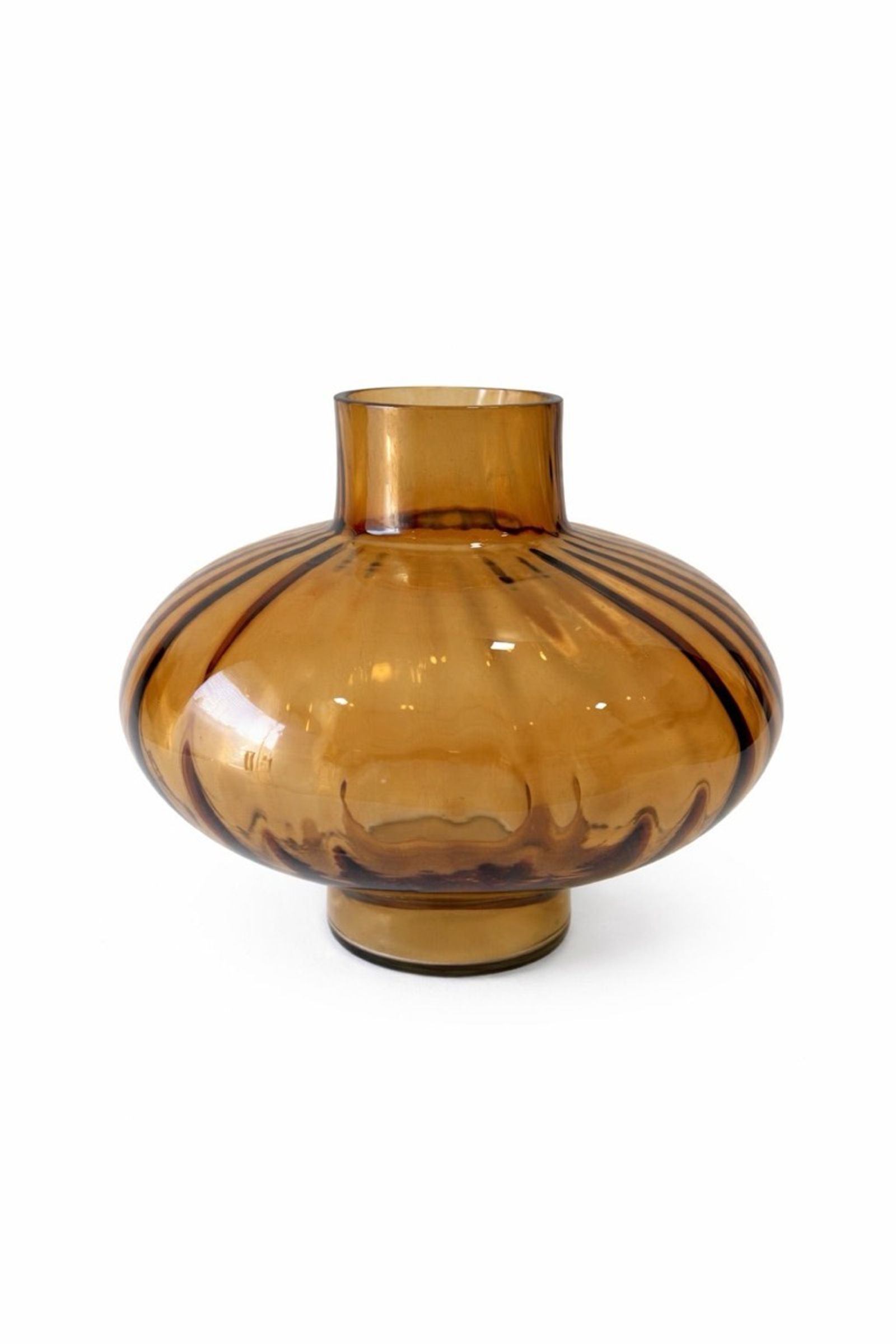 Amber ribbed hand-blown glass vase with a squat silhouette