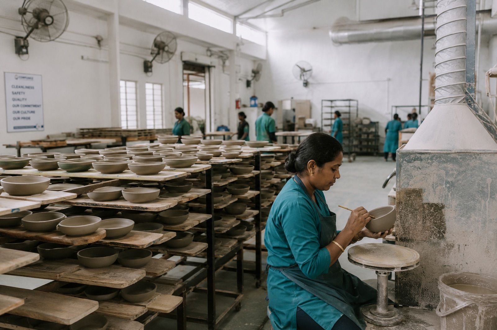 Ceramic artisan hand-finishing a bowl among drying racks at the Gemixx ceramics factory, Khurja